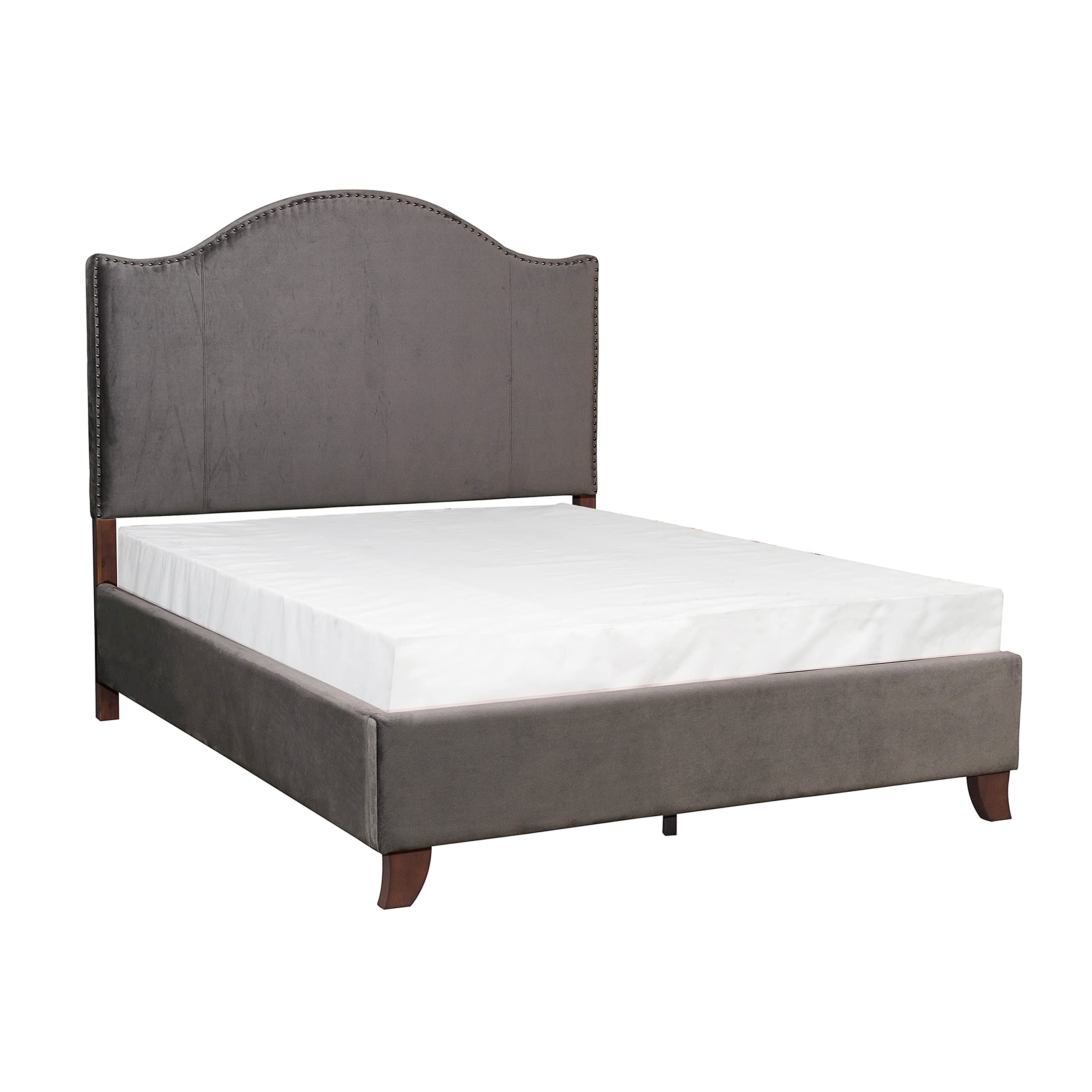 Lexicon Queen Bed Frame with Upholstered Headboard - Traditional Velvet Bed Frame Queen Size with Nailhead Trim & Camelback Design - No Box Spring Needed, Easy Assembly, Gray - Perfect for Master Bedrooms & Guest Rooms
