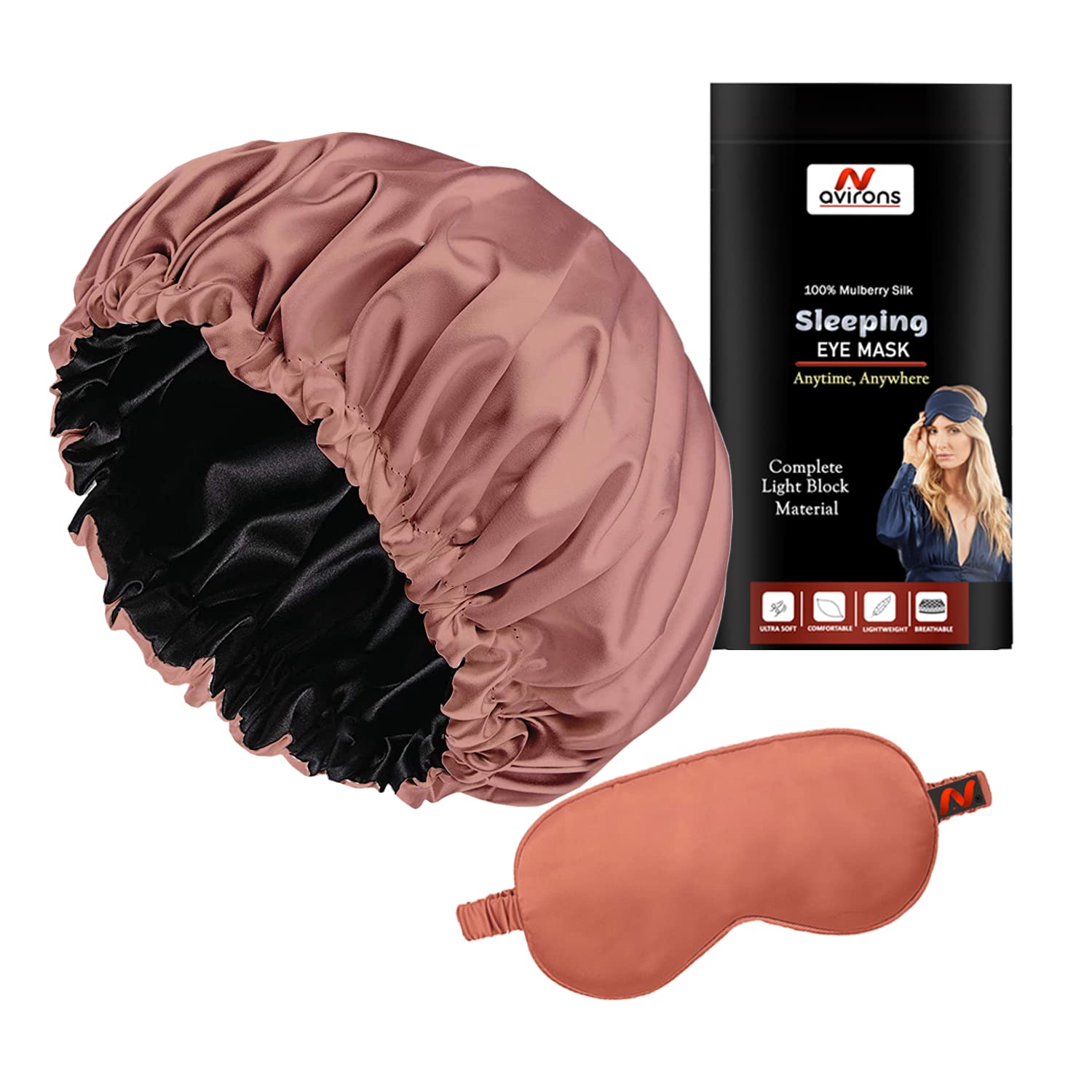 Avirons Satin Silk Hair Bonnet & Sleep Mask Set - Reversible Silk Hair Cap for Women with All Hair Types | Soft Satin Night Cap for Curly, Natural & Protective Hairstyles | Perfect for Sleeping, Travel & Home Use