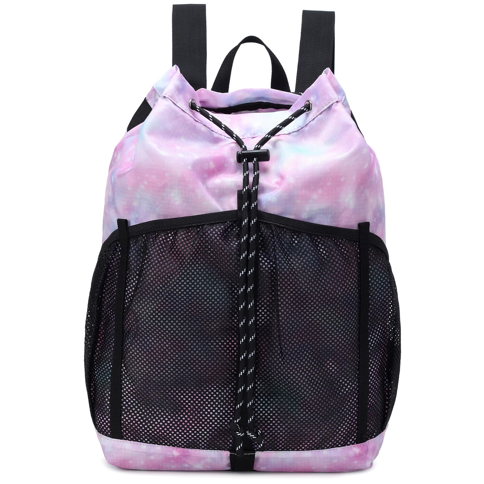 Lightweight Drawstring Backpack with Mesh Pockets - Water Resistant Sports Bag for Women & Men - Perfect for Gym, Beach, Swimming, Camping & Travel (Pink Galaxy)