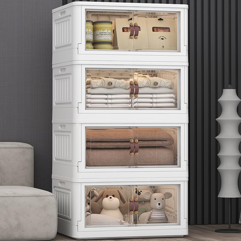 Nafenai 23 Gallon Collapsible Storage Bins with Lids & Wheels - 4 Pack White Plastic Stackable Organizer Bins for Closet, Home & Office - Perfect for Seasonal Storage, Moving & Space Saving Organization