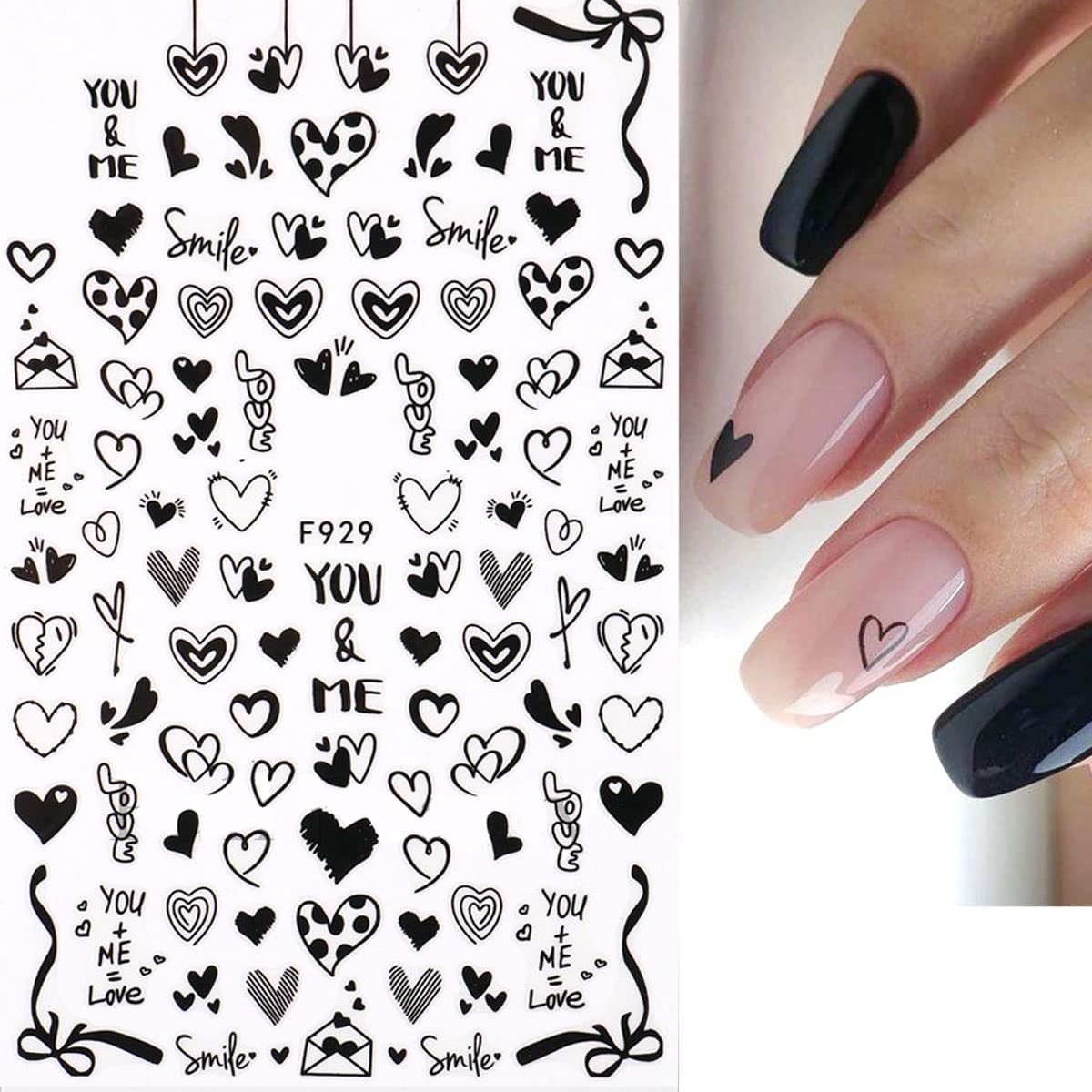 Valentine's Day Nail Stickers - Black Heart Nail Art Decals for Women | DIY Nail Design Decoration | 4 Sheets | Perfect for Valentine's Gifts, Date Nights & Romantic Occasions