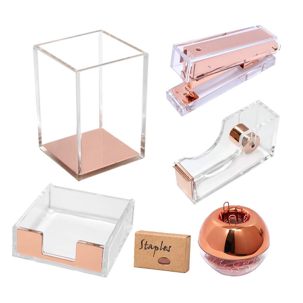 Clear Rose Gold Acrylic Desk Organizer Set - Tape Dispenser, Stapler (24/6 Staples), Sticky Notes Holder, Magnetic Paper Clip Holder, Pen & Pencil Holder - Stylish Office Supplies for Home & Workspace Organization