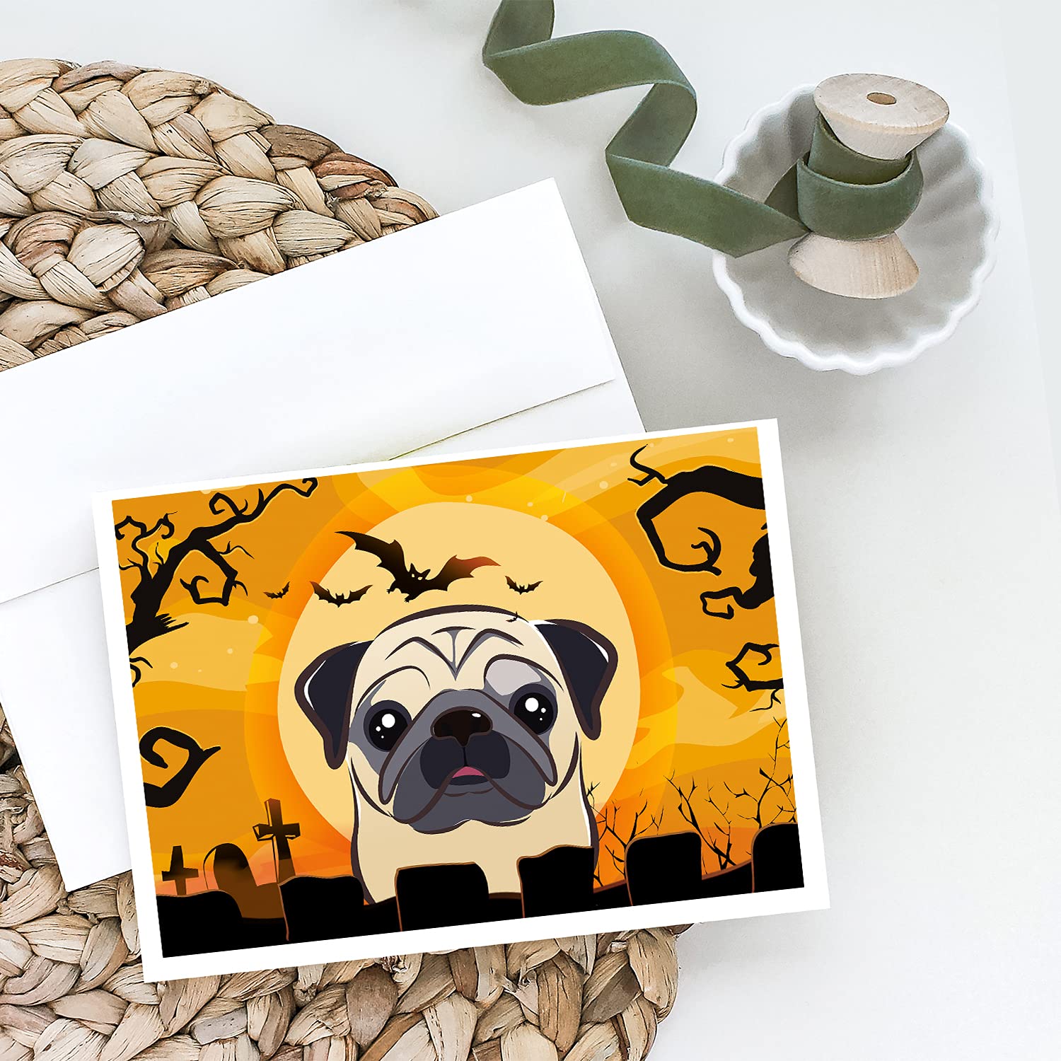 Halloween Fawn Pug Greeting Cards - Pack of 8 Blank A7 Cards (5x7) with Envelopes | Whimsical Animal Note Cards for Halloween Parties, Invitations & Festive Occasions