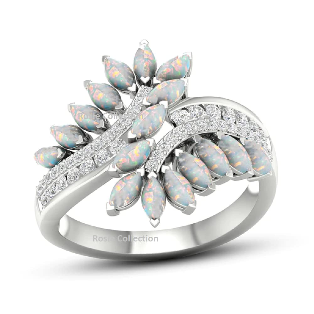 Opal Bypass CZ Engagement Wedding Ring for Women - 925 Sterling Silver 14K White Gold Plated - Perfect for Proposals, Anniversaries & Bridal Jewelry