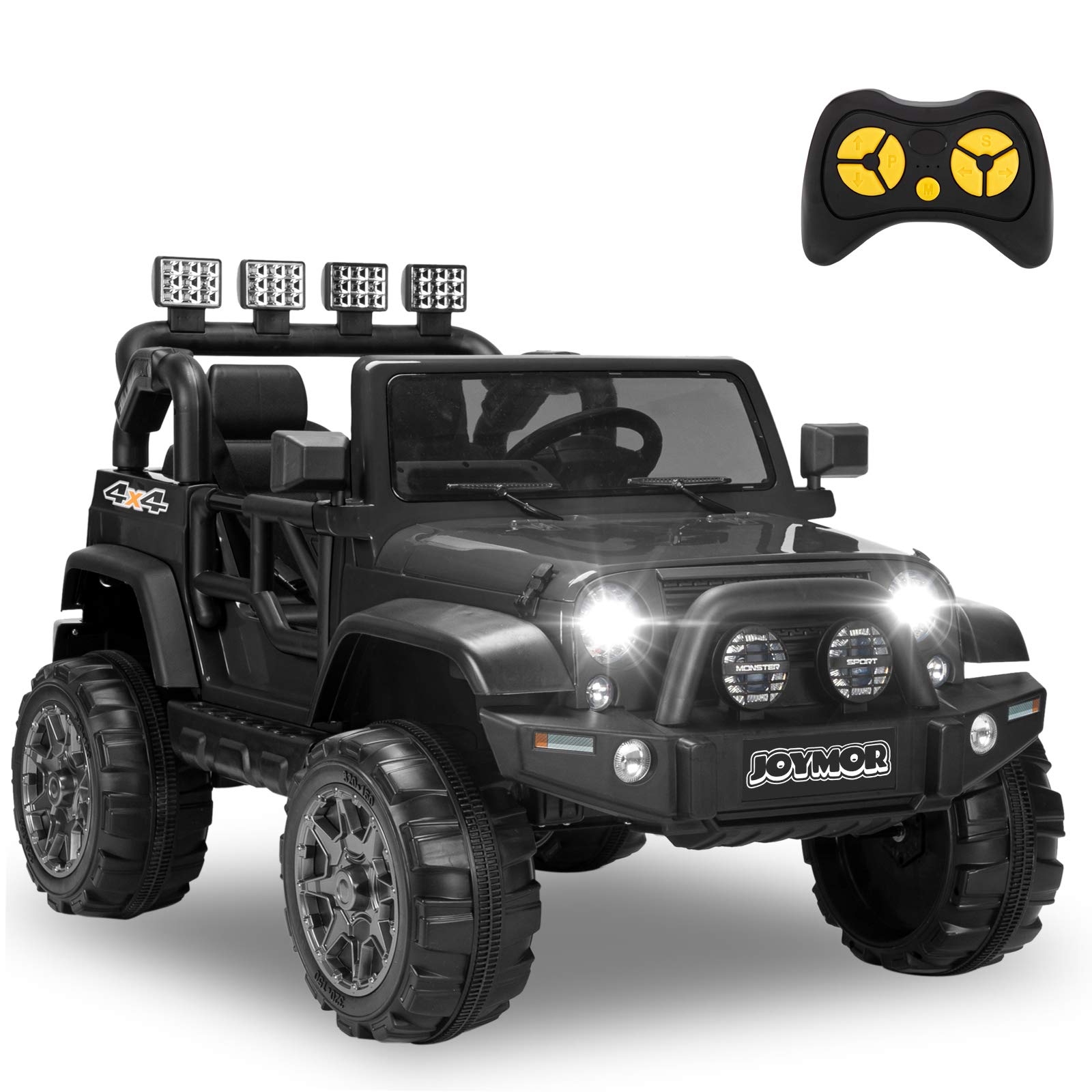 12V Electric Ride On Car for Kids - 2 Seater Remote Control Toy Vehicle with Suspension Wheels, LED Lights, Horn & Seat Belts - Perfect for Indoor & Outdoor Play (Black)