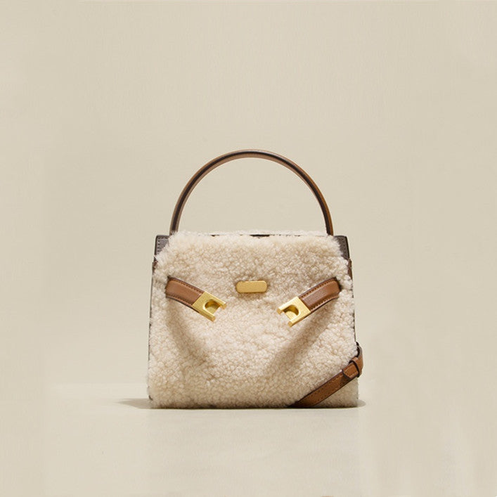 Premium Genuine Leather & Lamb Wool Winter Tote Bag - Women's Fashion Shoulder Bag & Crossbody Purse for Work, Travel & Daily Use