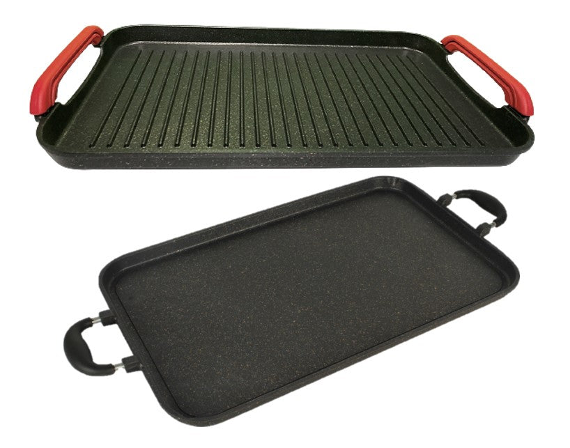 2-Pack Marble Griddle Set - Ribbed & Smooth Double-Sided Grill Pan with Free Colored Handles - Perfect for Gas Stove Cooking, Pancakes, Steaks & Outdoor BBQ