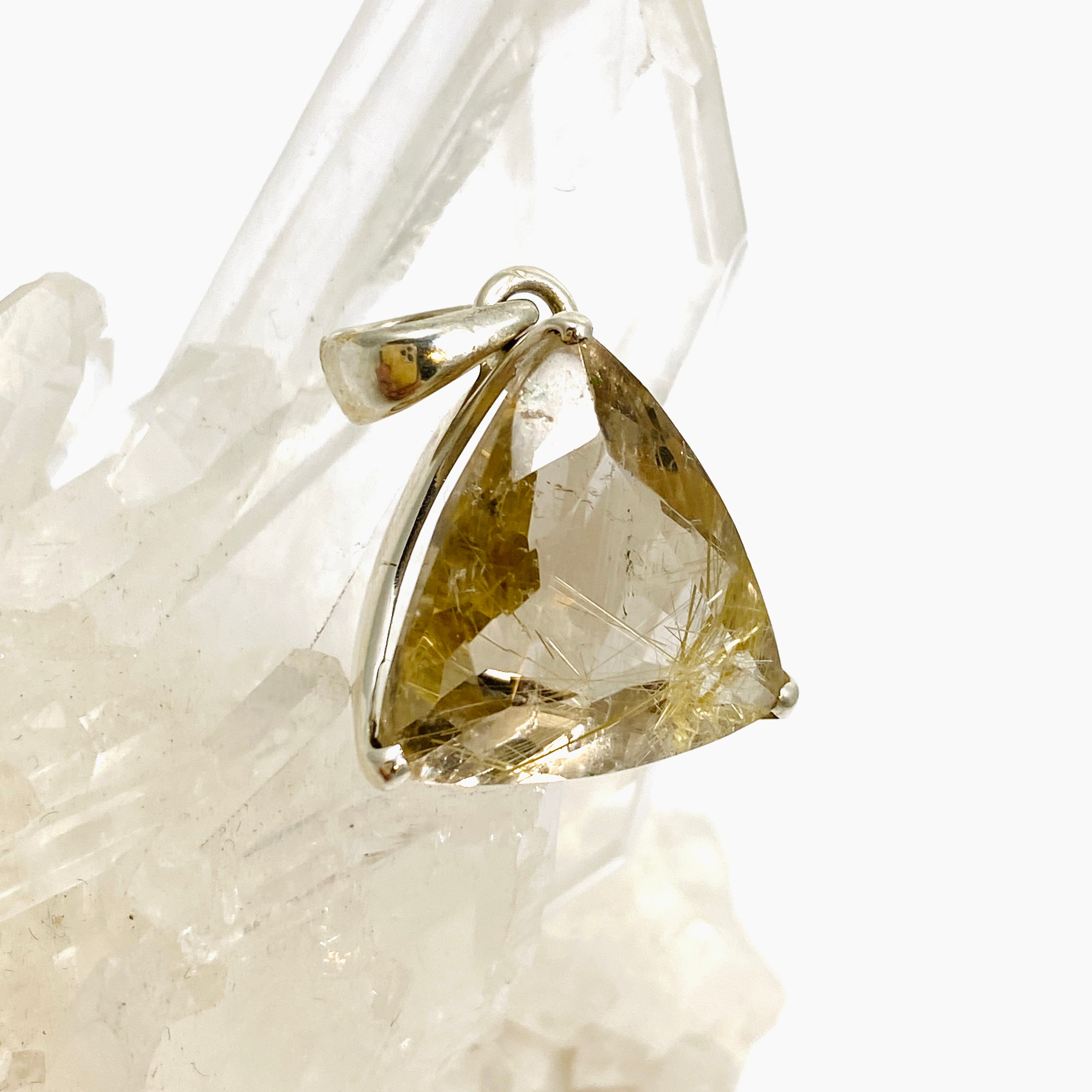 Golden Rutile Quartz Triangular Faceted Pendant Necklace - Natural Gemstone Jewelry for Women - Perfect for Spiritual Healing, Meditation & Everyday Elegance