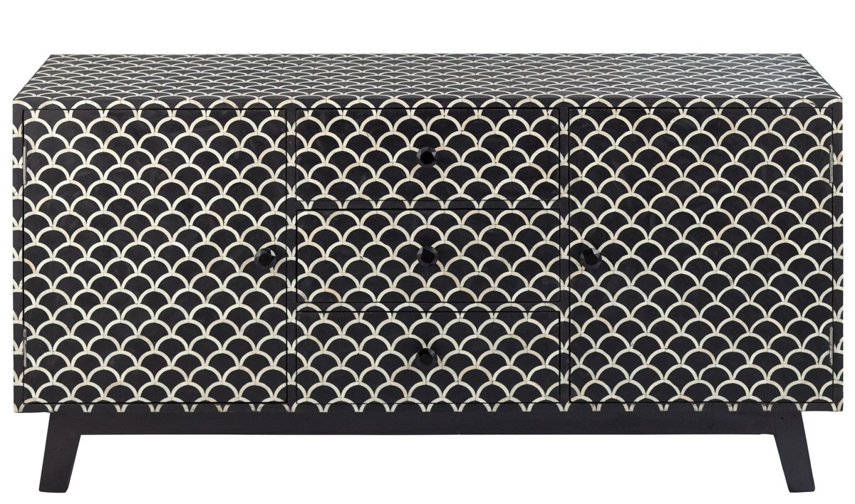Handmade Bone Inlay Fish Scale Scalloped Sideboard - Black Credenza Cabinet for Living Room, Dining Room & Bedroom Storage | Vintage Boho Home Decor Furniture
