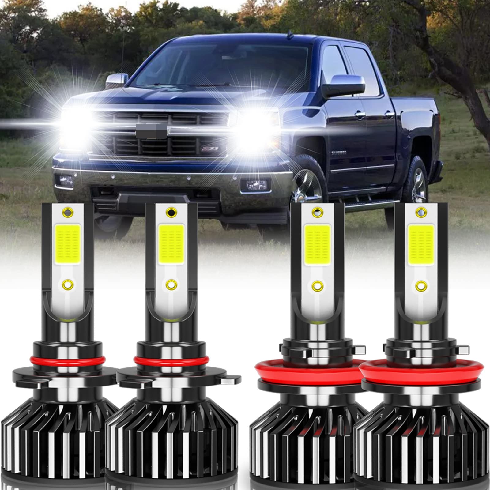 2007-2015 Chevy Silverado 1500 2500 LED Headlight Bulbs - 9005/HB3 H11/H9/H8 Combo High/Low Beam - 6000K Cool White - Plug & Play - Pack of 4 - Perfect for Night Driving & Off-Road Adventures