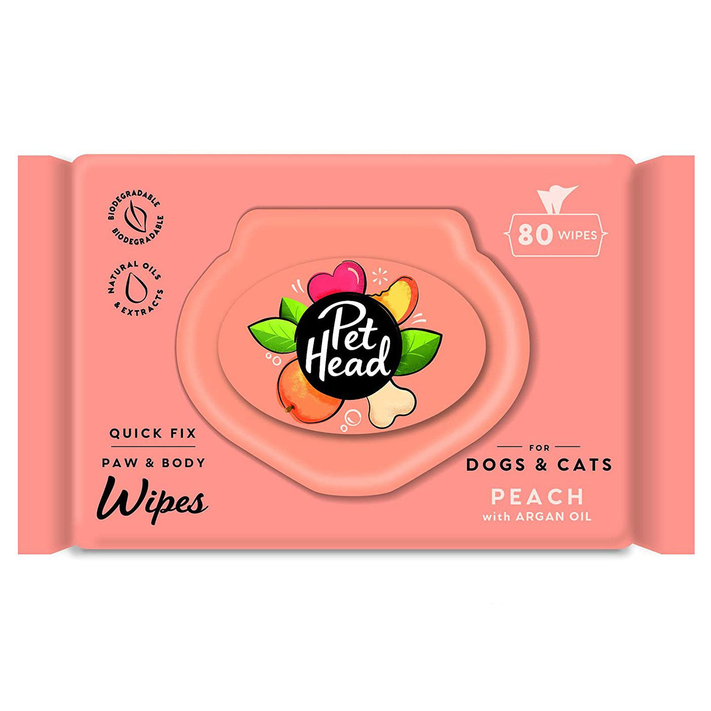Pet Head Quick Fix Peach Scented Grooming Wipes for Dogs & Cats - 80 Count | Perfect for On-the-Go Cleaning, Paw Wipes & Freshening Between Baths