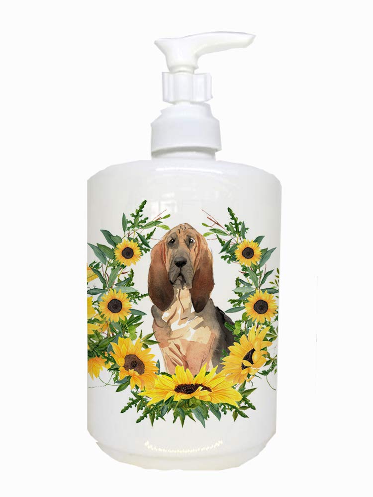Bloodhound in Sunflowers Ceramic Soap Dispenser | Refillable Hand Soap Pump Bottle for Bathroom & Kitchen | Decorative Liquid Soap Container for Farmhouse, Country Style Homes