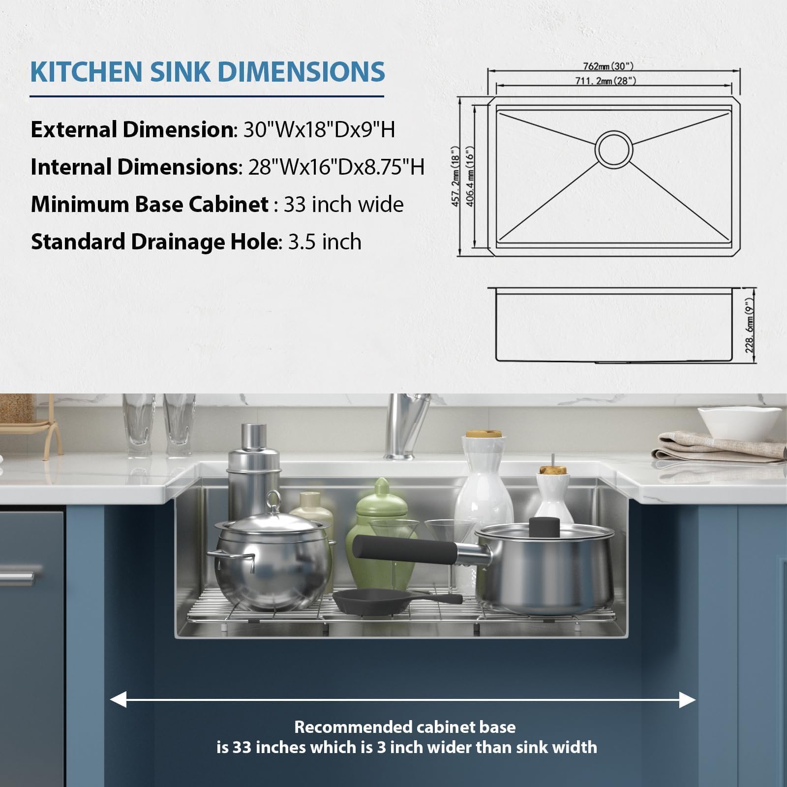30x18 Inch Undermount Stainless Steel Kitchen Sink - 16 Gauge Single Bowl Workstation Sink with Accessories for Countertop Installation | Perfect for Food Prep, Dishwashing & Modern Kitchen Renovations