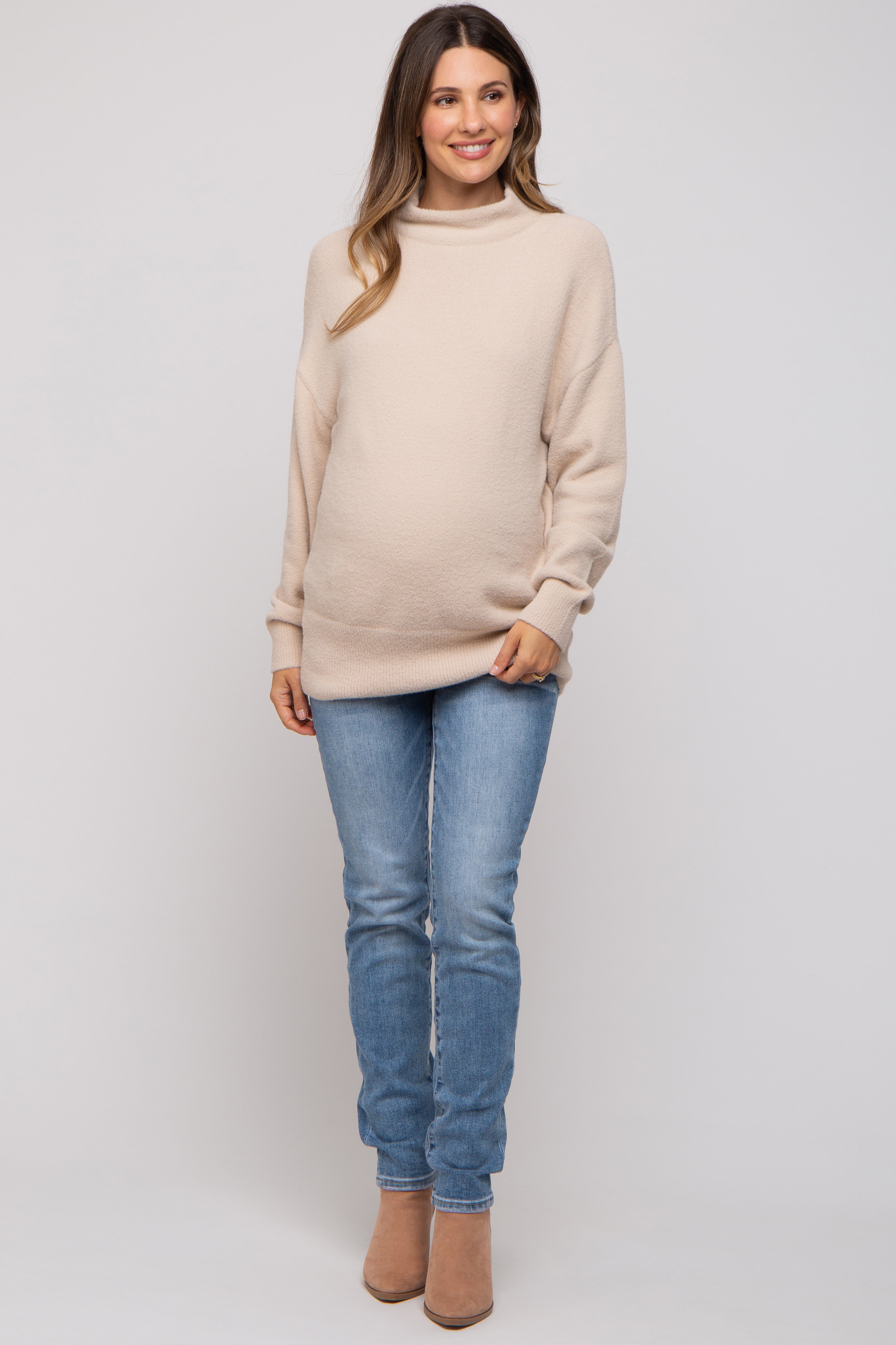 Cozy Beige Fuzzy Knit Mock Neck Maternity Sweater for Pregnancy - Soft Stretchy Long Sleeve Top for Expecting Moms | Perfect for Casual Wear, Baby Showers & Maternity Photos
