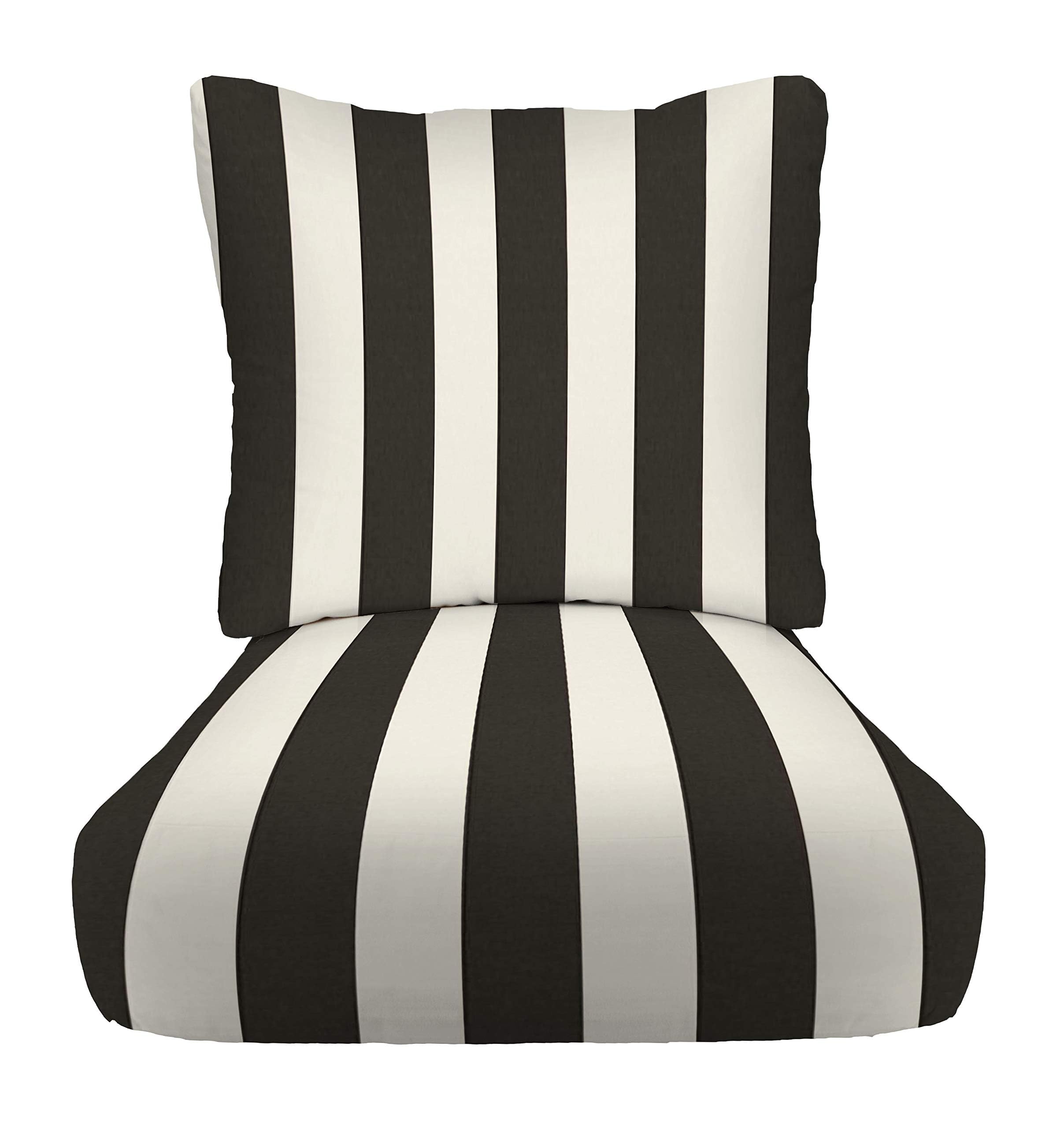 RSH DECOR: 24” x 27” Deep Seating Cushion with Pillow Back - All-Weather Spun Fabric, Waterproof & Fade-Resistant Outdoor Chair Cushion Set for Patio Furniture (Black & White Stripe) - Perfect for Poolside Lounging, Garden Relaxation & Backyard Decor