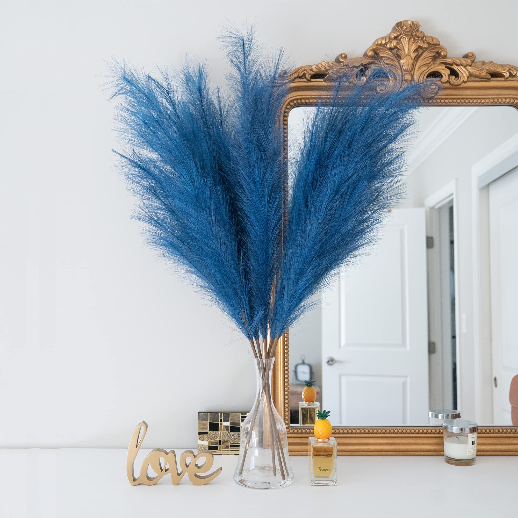 Blue Faux Pampas Grass Decor - 42 Inch Tall Artificial Boho Grass (5 Stems) - Fluffy Vase Fillers for Wedding Centerpieces, Home Decor, and Office Arrangements