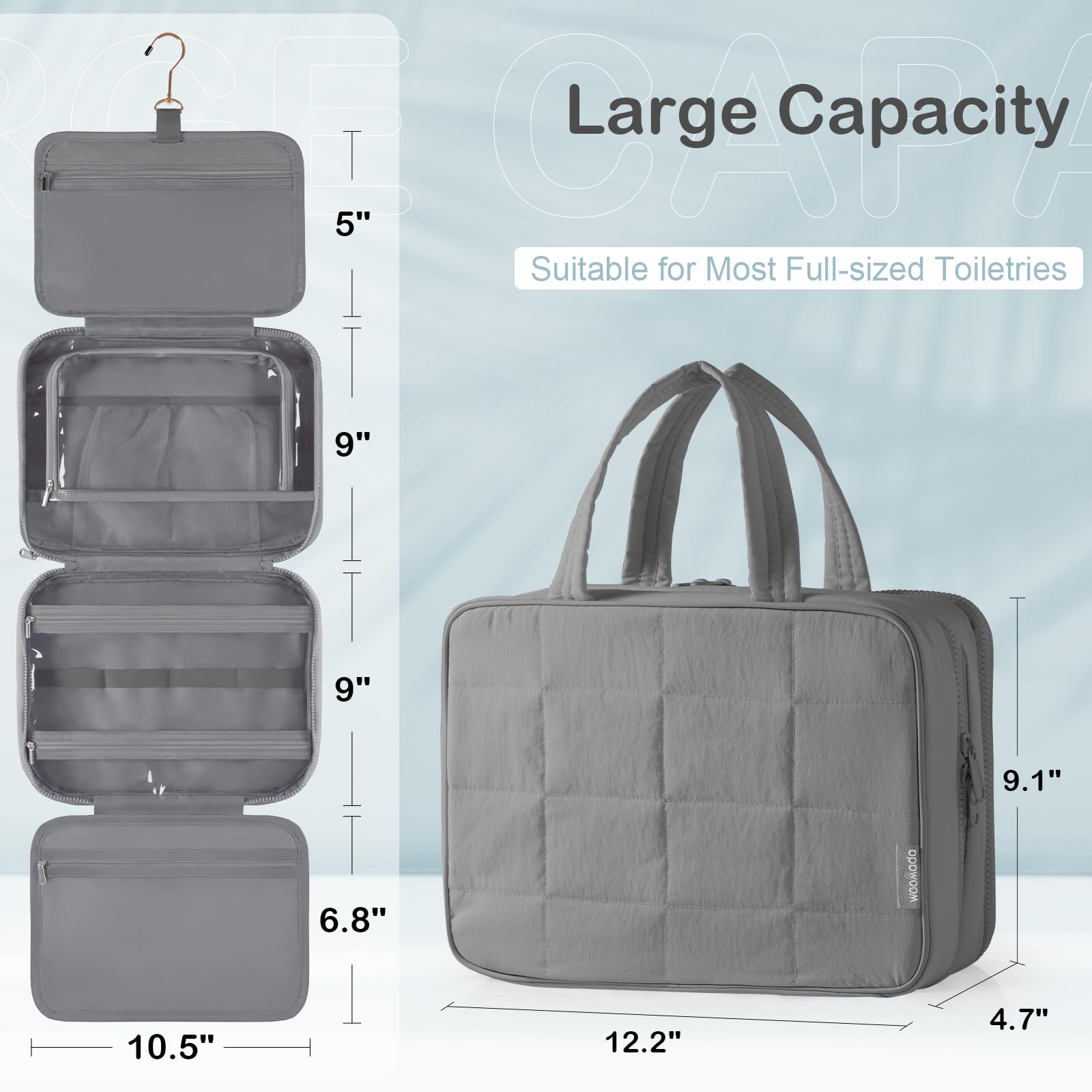 WOOMADA Hanging Travel Toiletry Bag with Jewelry Organizer - Large Waterproof Cosmetic Makeup Bag for Women | Perfect for Vacation, Business Trips & Gym Essentials (Grey)