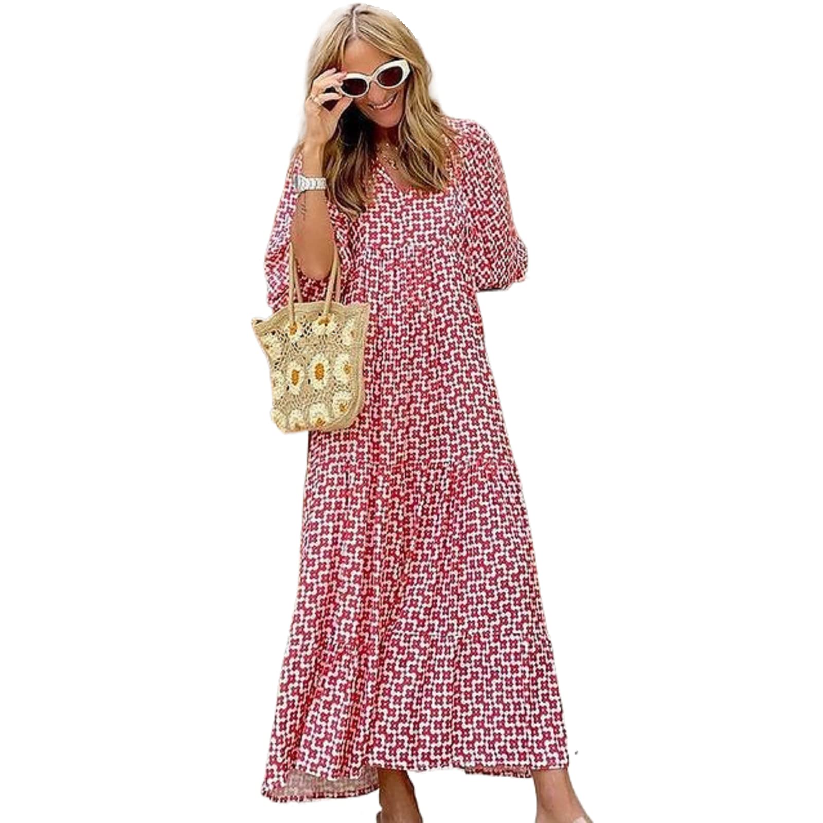 Vintage Boho Floral Print Midi Dress for Women - Lantern Sleeves, Square Neck & High Slit - Perfect for Cottagecore Aesthetic, Summer Weddings & Boho Chic Outfits
