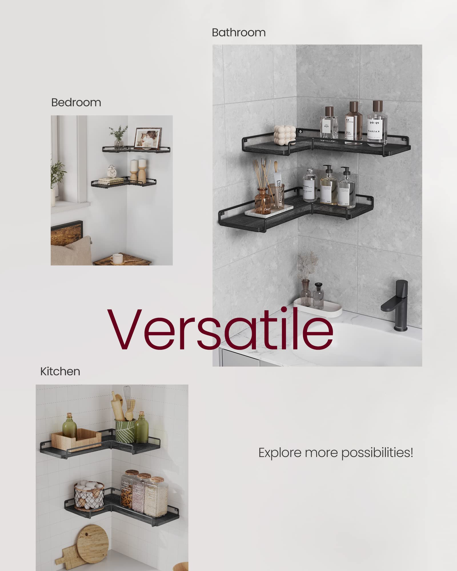 VASAGLE Set of 2 Corner Floating Shelves Wall Mounted - Black Corner Shelf for Living Room, Bedroom, Kitchen & Bathroom - Space Saving Storage Solution for Home Decor, Books & Plants | ULLS831B22
