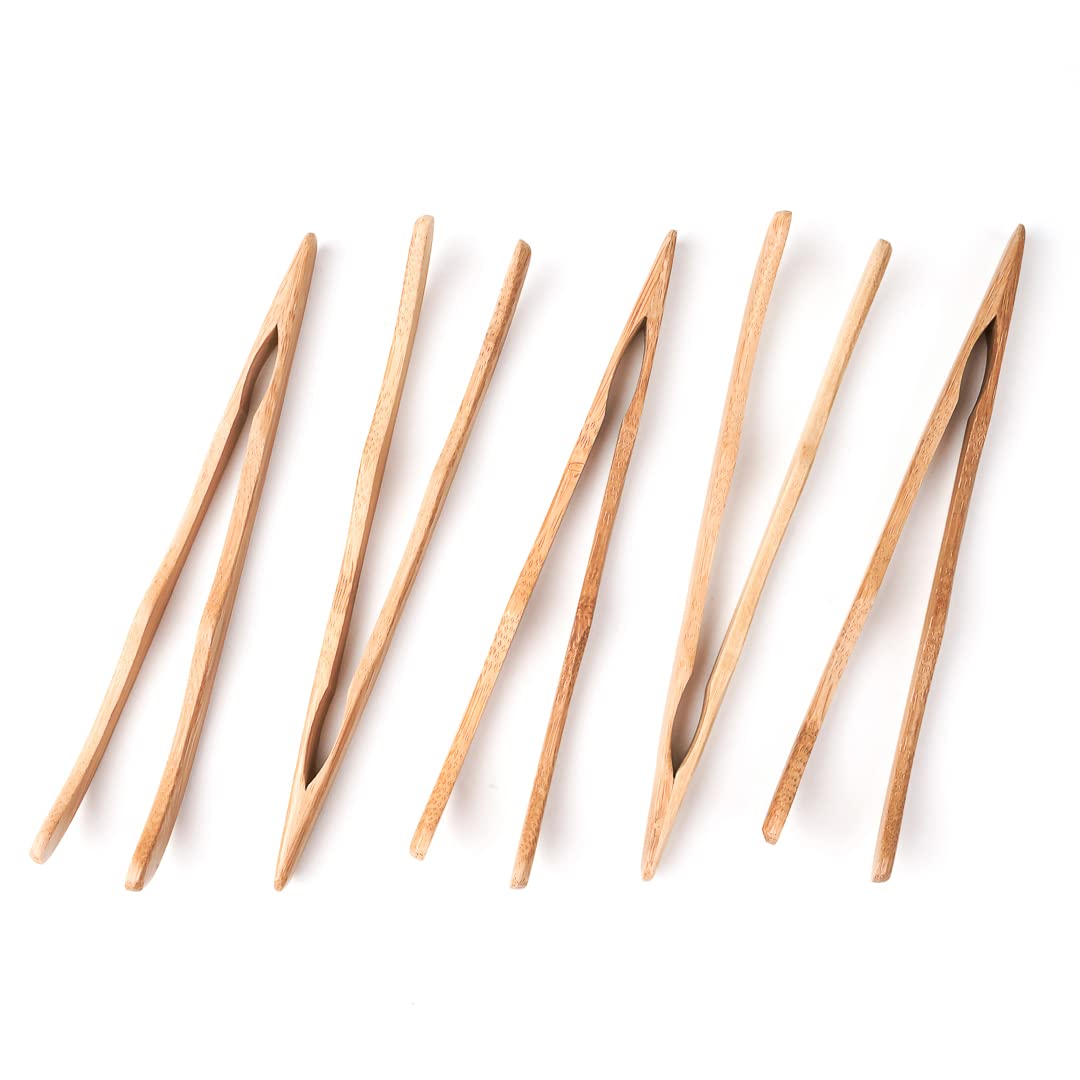 7 Inch Natural Bamboo Wooden Serving Tongs - 10 Pack Curved Disposable Kitchen Tongs for Cheese, Muffin, Fruits, Bacon & Bread - Perfect for Breakfast, BBQ, Picnics & Buffet Serving