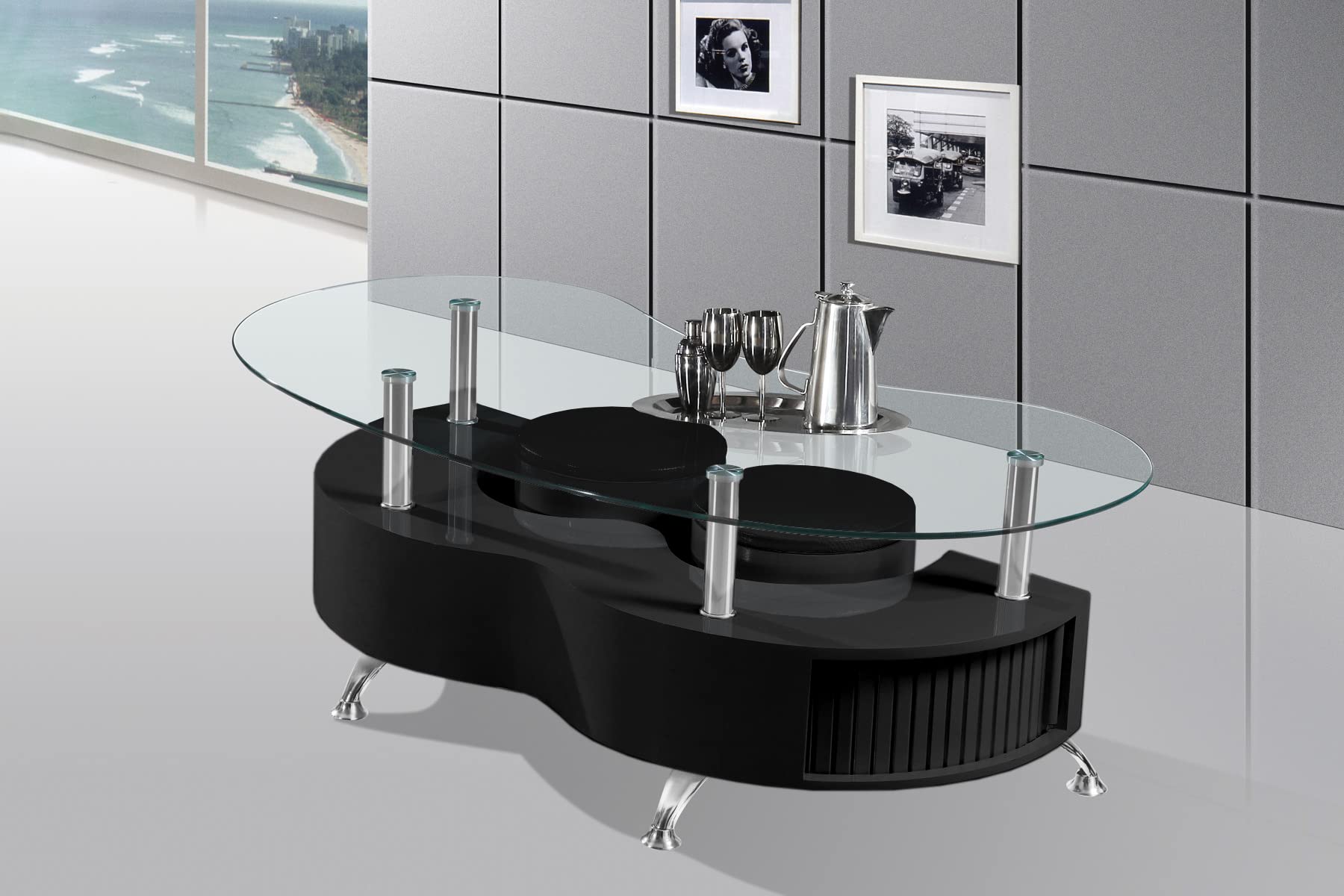 Premium Modern Glass Black Coffee Table Set with 2 Matching Stools - Elegant Living Room Furniture for Small Spaces & Home Decor