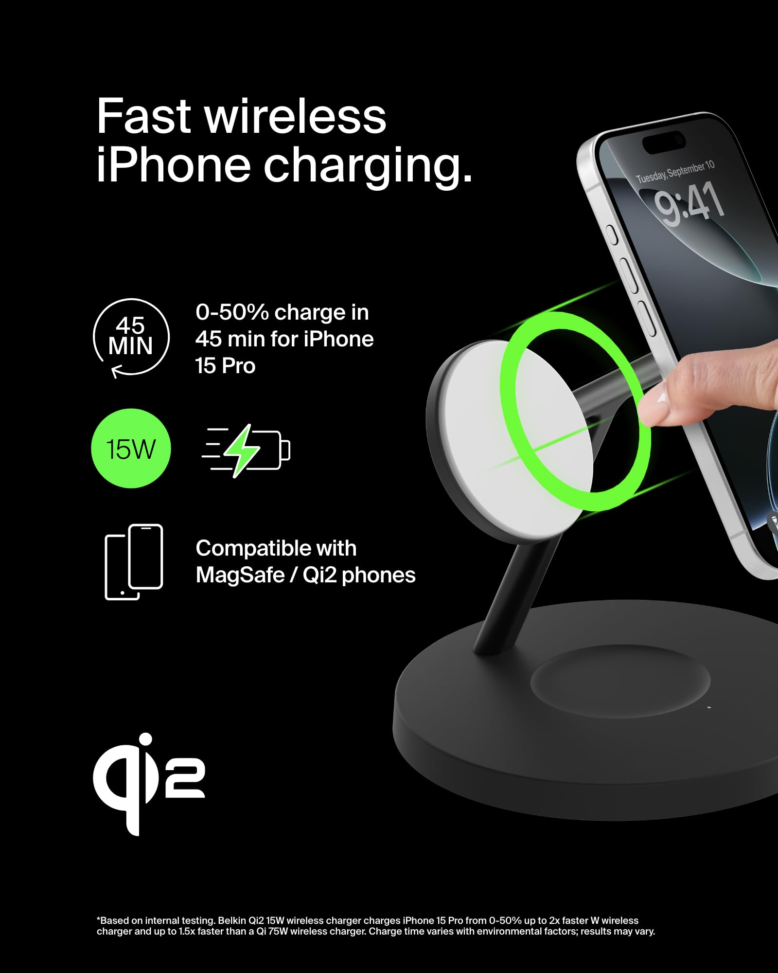 Belkin MagSafe-Compatible 3-in-1 Wireless Charging Station | Qi2-Certified 15W Fast Charger for iPhone 16 Series, Apple Watch & AirPods | Non-Slip Base with 40W Power Adapter | Perfect for Home, Office & Travel (Black)