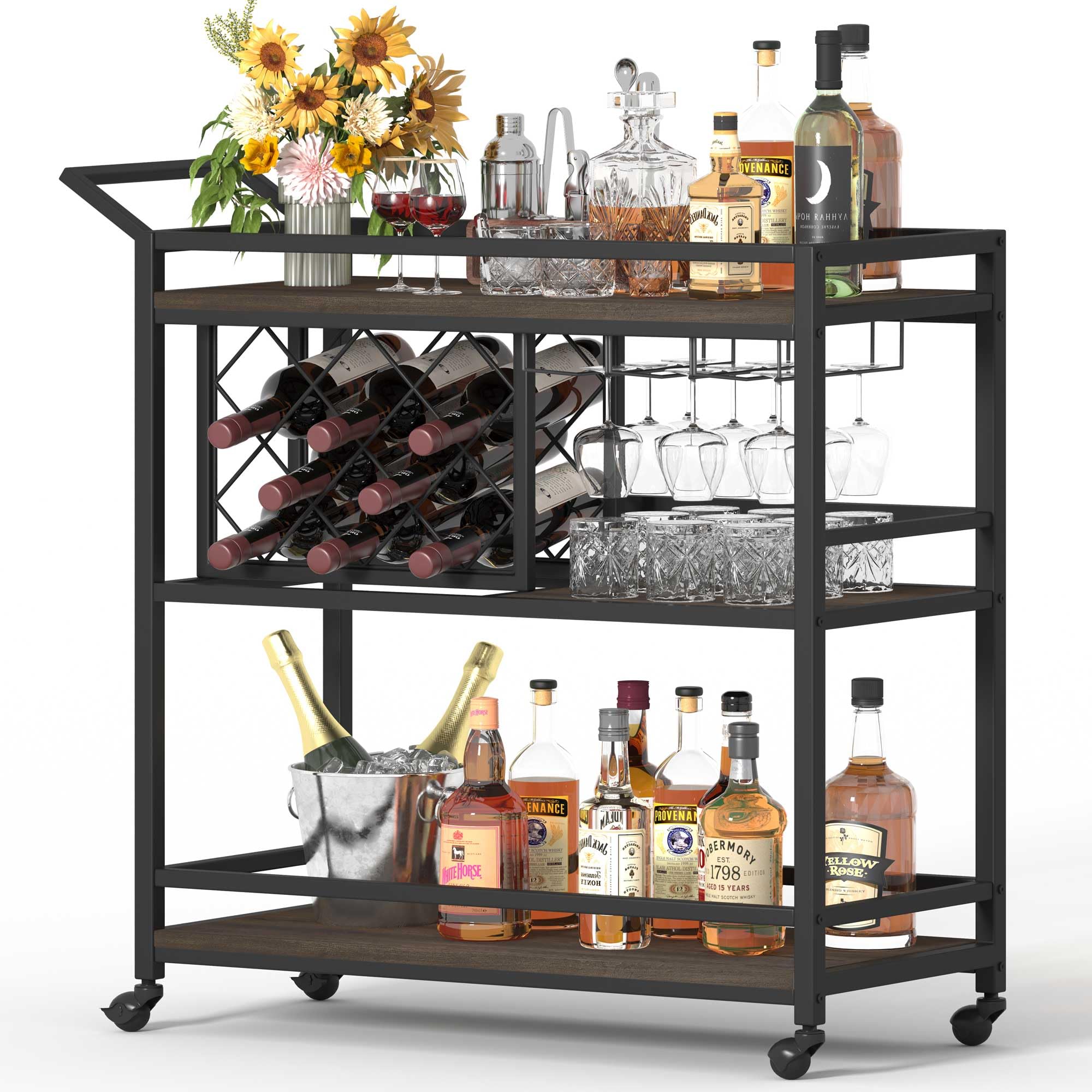FATORRI Wooden Bar Cart with Wine Rack & Glass Holder - Mobile Home Bar Serving Cart for Liquor, Cocktails & Beverages - Perfect for Living Room, Patio or Party (Walnut Brown)