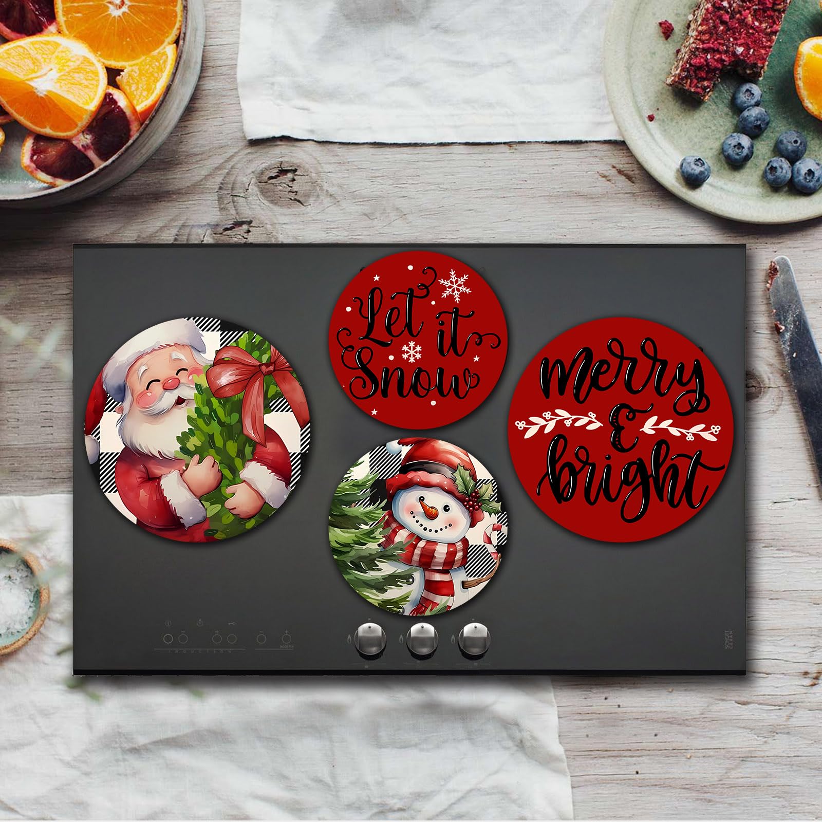 4-Piece Red Christmas Stove Burner Covers Set - 8 & 10 Inch Round Metal Gas Cooktop Covers for Holiday Kitchen Decor | Festive Home Decoration for Christmas Parties & Winter Gatherings