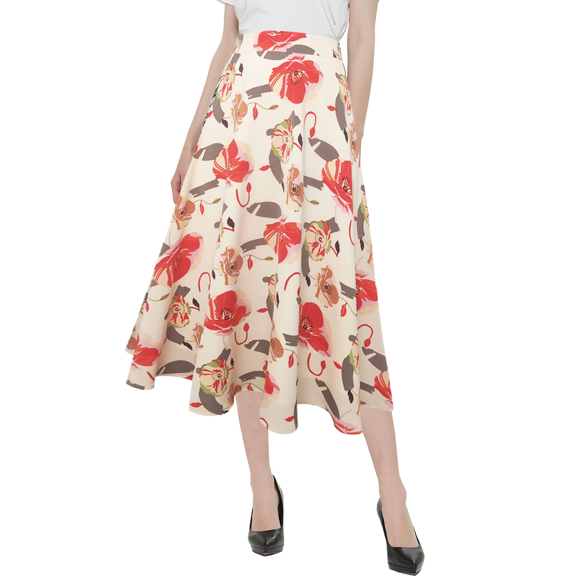 Charis Allure Women's Vintage Floral Print A-Line Pleated Midi Skirt - Elegant Boho Style for Casual Outings, Date Nights & Summer Parties
