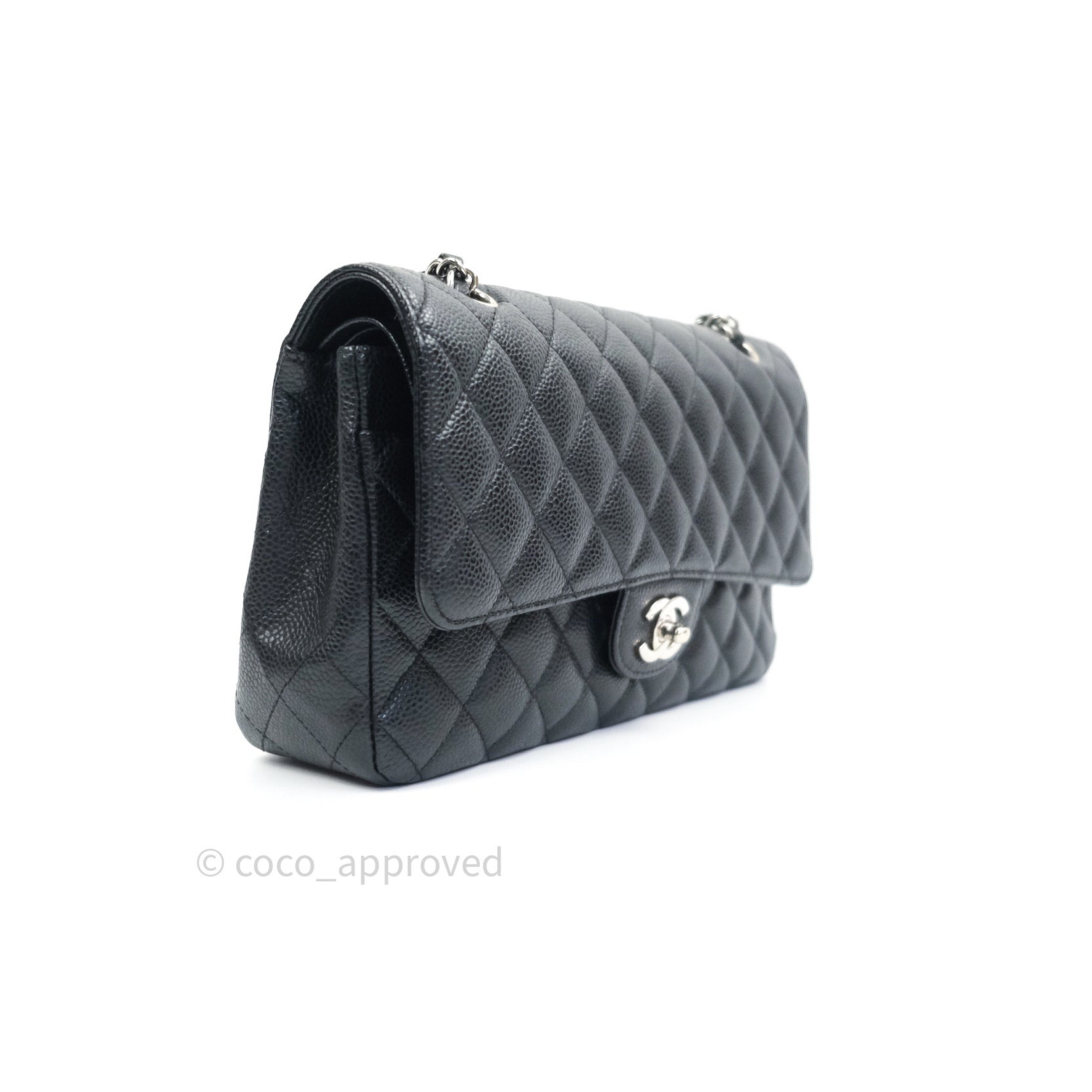 Chanel Classic M/L Medium Double Flap Bag Black Caviar Silver Hardware - Luxury Designer Handbag for Women, Perfect for Work, Evening Events & Special Occasions