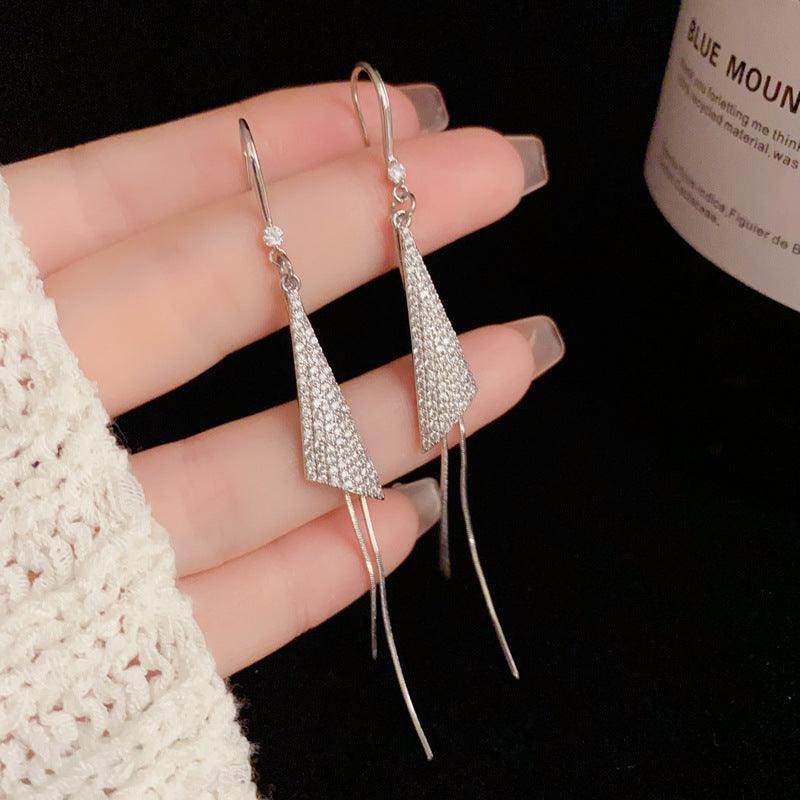 Stylish Miniature Zircon Triangle Drop Earrings with Long Tassel - Perfect for Parties, Weddings & Evening Events (Ear Hook Design)