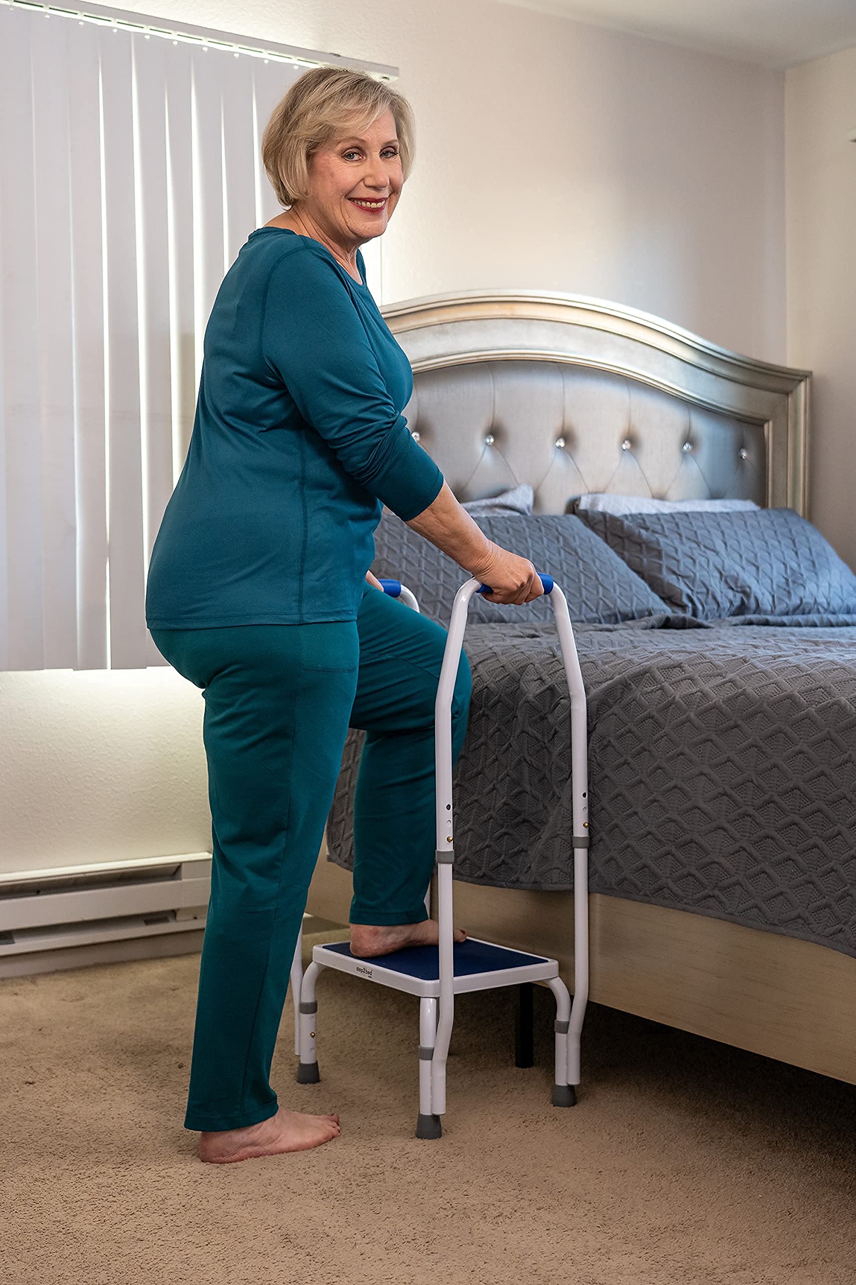 Step2Bed Adjustable Height Mini Step Stool with Handle - Portable Safety Step Stool for Elderly & Seniors with 300 lbs Capacity - Stainless Steel Bedside Assist Rail for Handicap & Mobility Support - Perfect for Bed Access, Bathroom Safety & Home Accessibility Needs