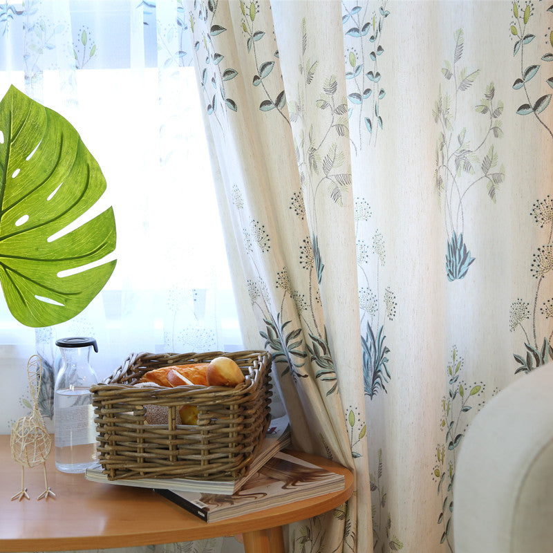 Alayna White Linen Light Filtering Floral Custom Curtains - Elegant Window Treatment for Living Room & Bedroom
