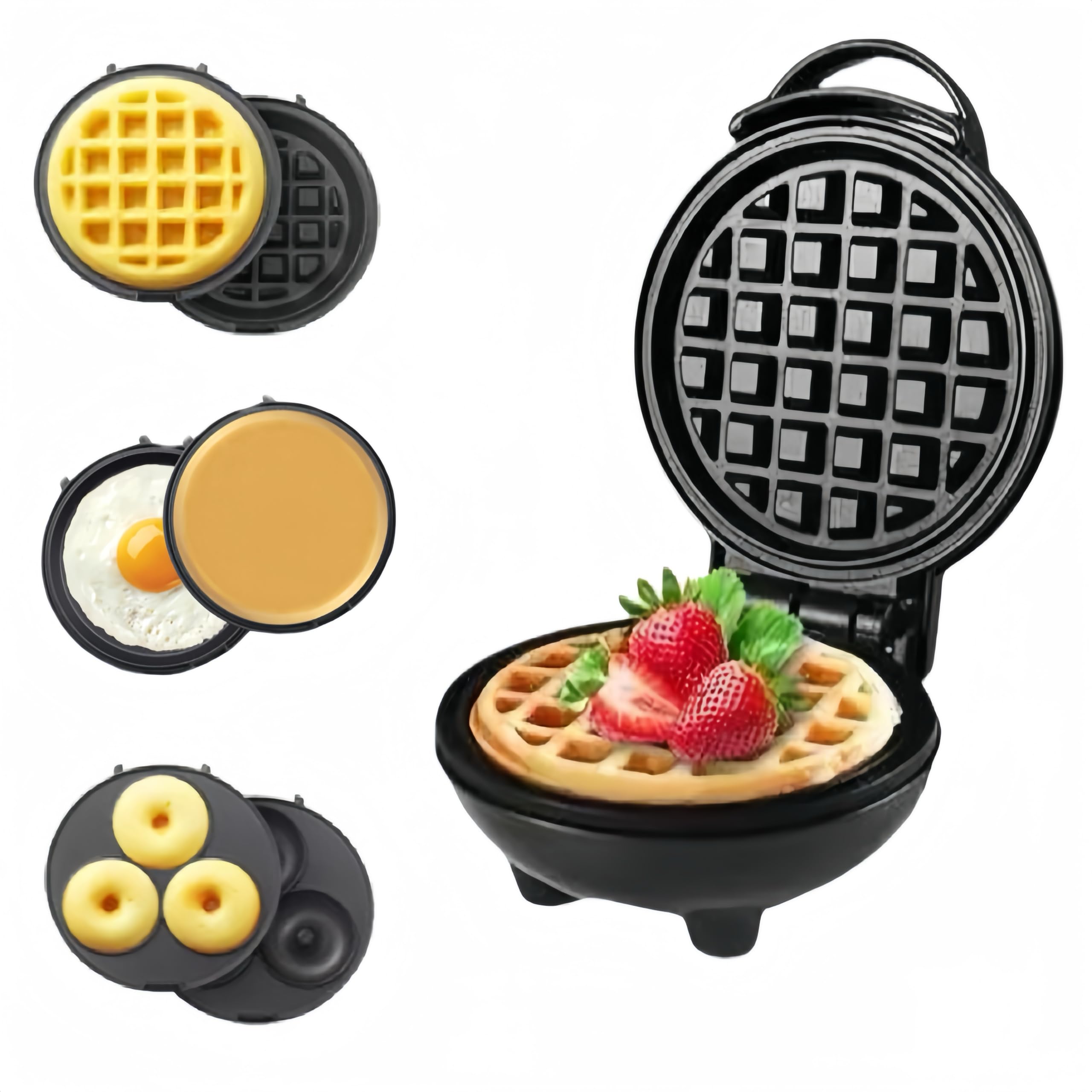 3-in-1 Mini Waffle Maker with 5 Removable Plates - Make Waffles, Donuts, Pancakes & Eggs - Compact Breakfast Appliance for Kids & Adults - Easy to Clean & Store - Perfect Holiday Gift (Black) - Ideal for Small Kitchens, Dorms, Camping & Quick Breakfasts