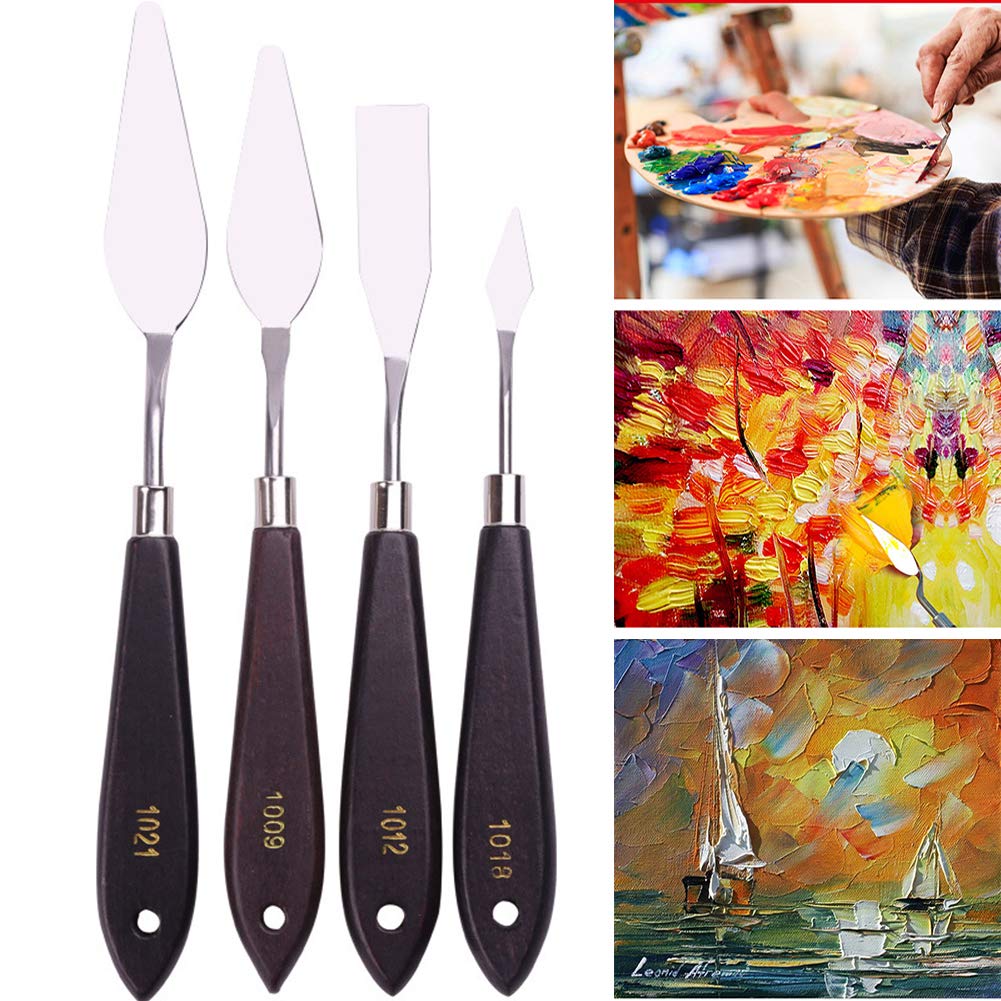 4-Piece Stainless Steel Palette Knife Set for Oil Painting - Wood Handle Metal Spatula Knives - Perfect for Canvas Art, Acrylic & Oil Painting Techniques