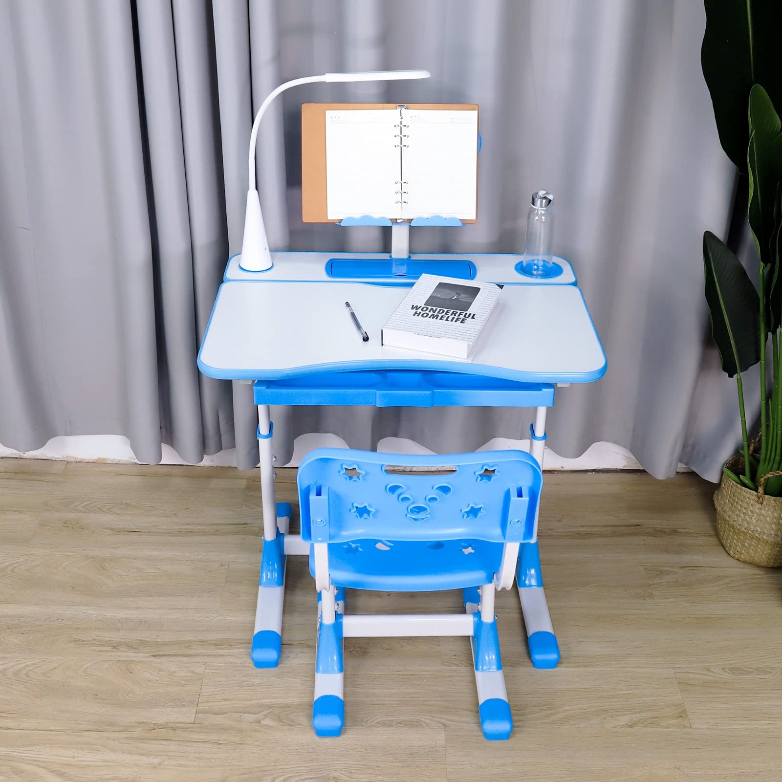 Adjustable Height Folding Study Desk & Chair Set with LED Desk Lamp for Kids Ages 3-18 - Perfect for Homeschooling, Online Learning & Small Spaces