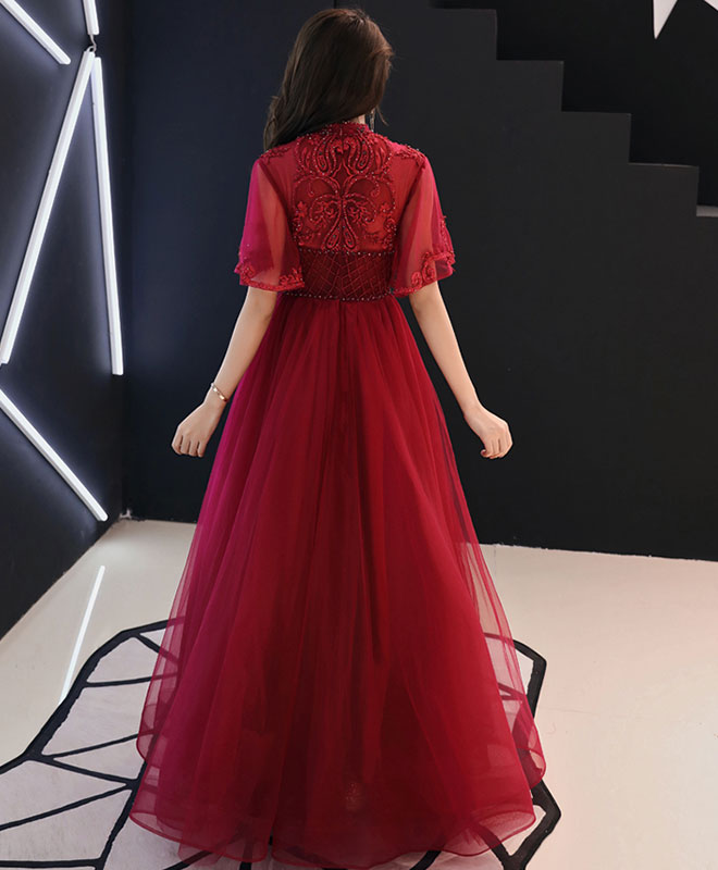 Elegant Burgundy Tulle Lace Long Prom Dress for Women - Formal Evening Gown for Homecoming, Wedding, and Special Occasions