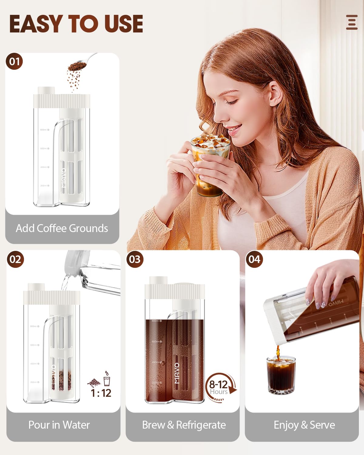 MAVO Cold Brew Coffee Maker & Iced Tea Brewer - 34oz BPA-Free Tritan Pitcher with Leak-Proof Design, Reusable Mesh Filter - Perfect for Home, Office & Outdoor Use - Compact, Durable & Easy to Clean (White)