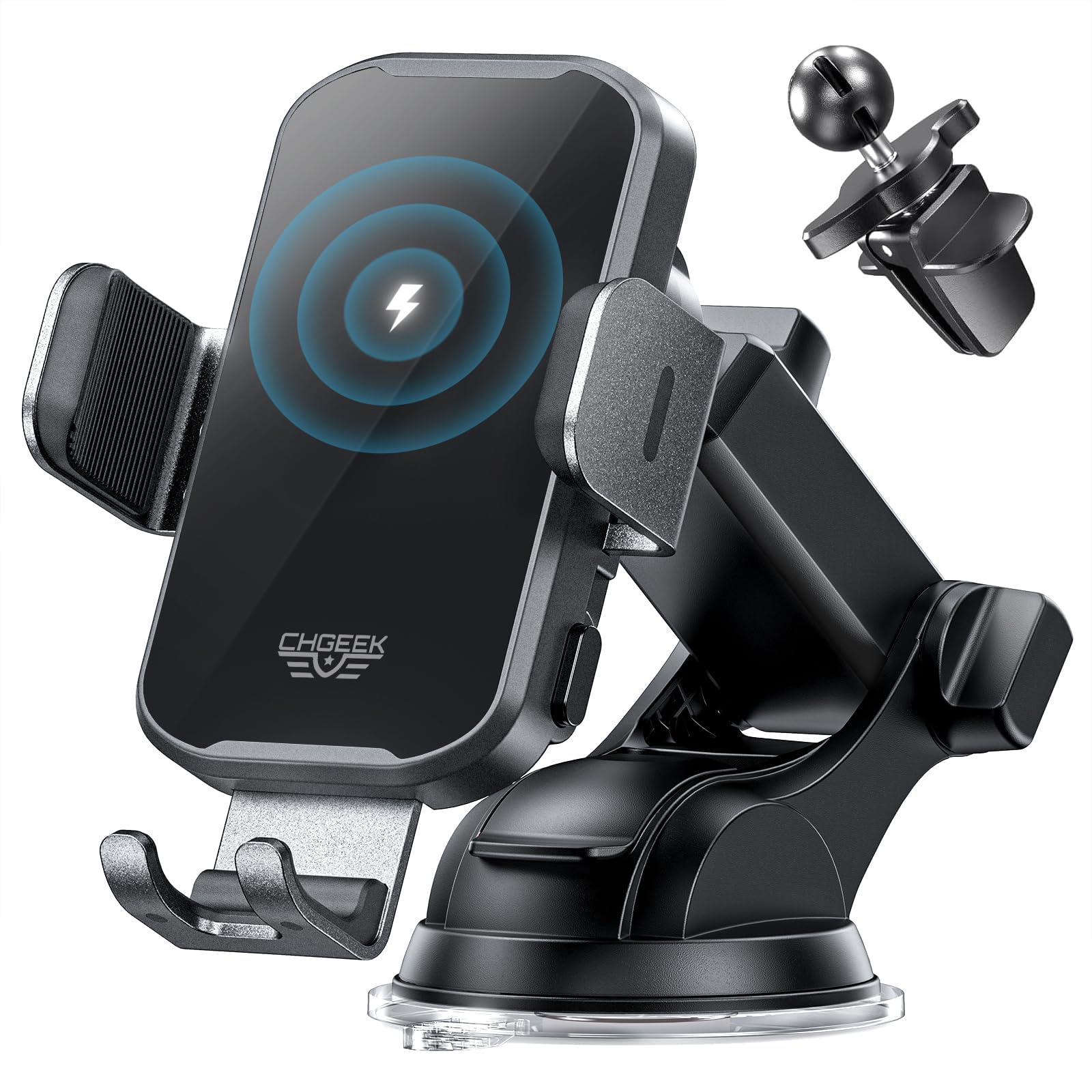 CHGeek 15W Fast Wireless Car Charger & Phone Holder - Auto Clamping Dashboard, Windshield & Air Vent Mount for iPhone, Samsung Galaxy, Google Pixel - Perfect for Commuting & Road Trips
