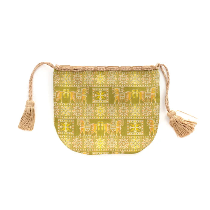 Nishijin Ori Small Drawstring Bag - Horse & Green Design | Handmade in Kyoto Japan | Traditional Japanese Craft Purse for Coins, Jewelry & Gifts