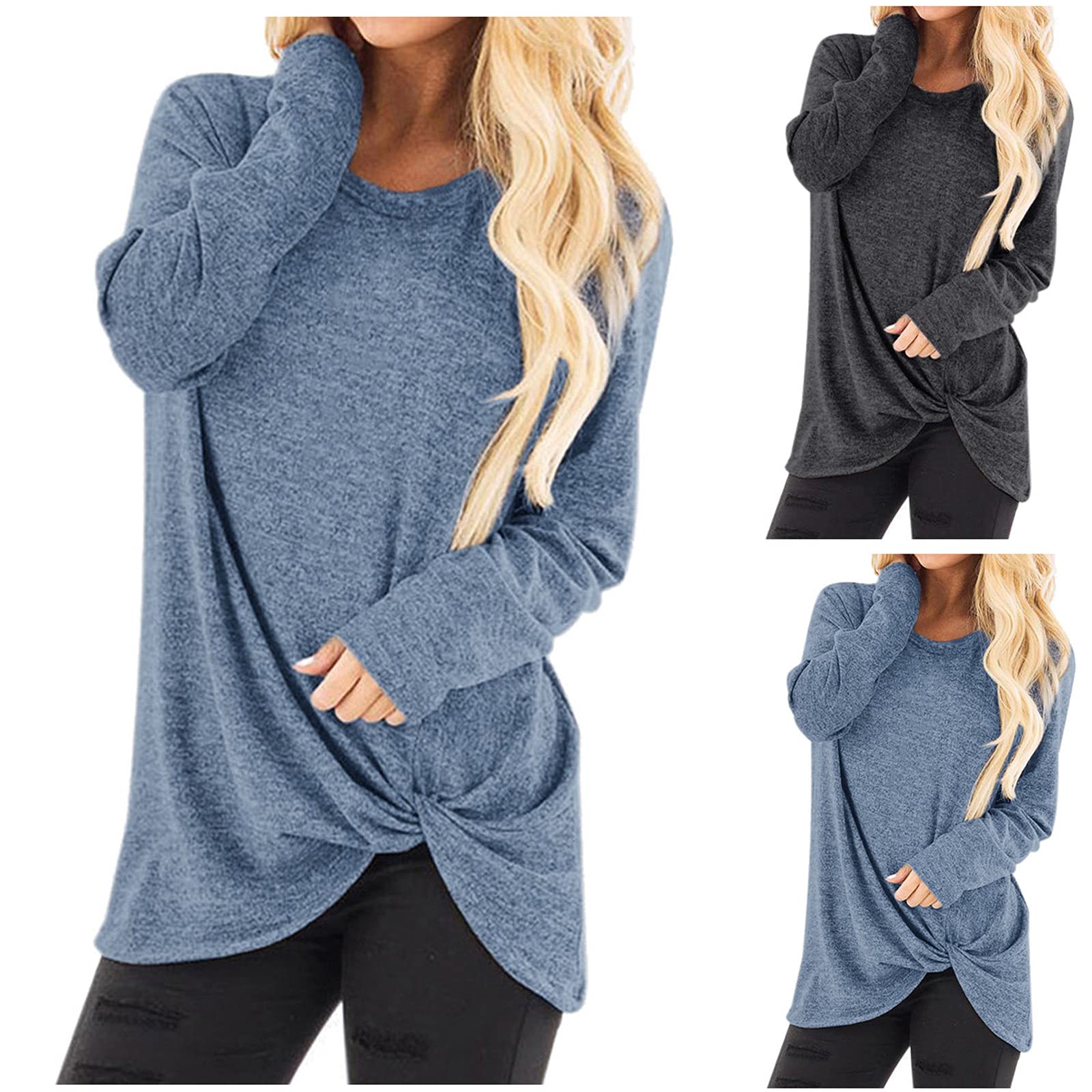 Women's Summer T-Shirt Top - Soft & Comfortable Loose Fit Crewneck Long Sleeve Tunic Blouse - Fashion Solid Color Twist Knot Casual Shirt for Work, Travel & Everyday Wear