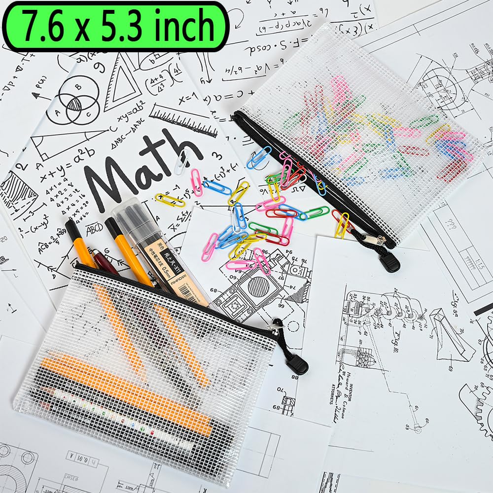 10-Pack Waterproof Mesh Zipper File Bags - Multi-Size Document Organizer for Office & School Supplies - Durable Plastic Storage Pouches for Board Games, Travel & Craft Organization (White & Black)