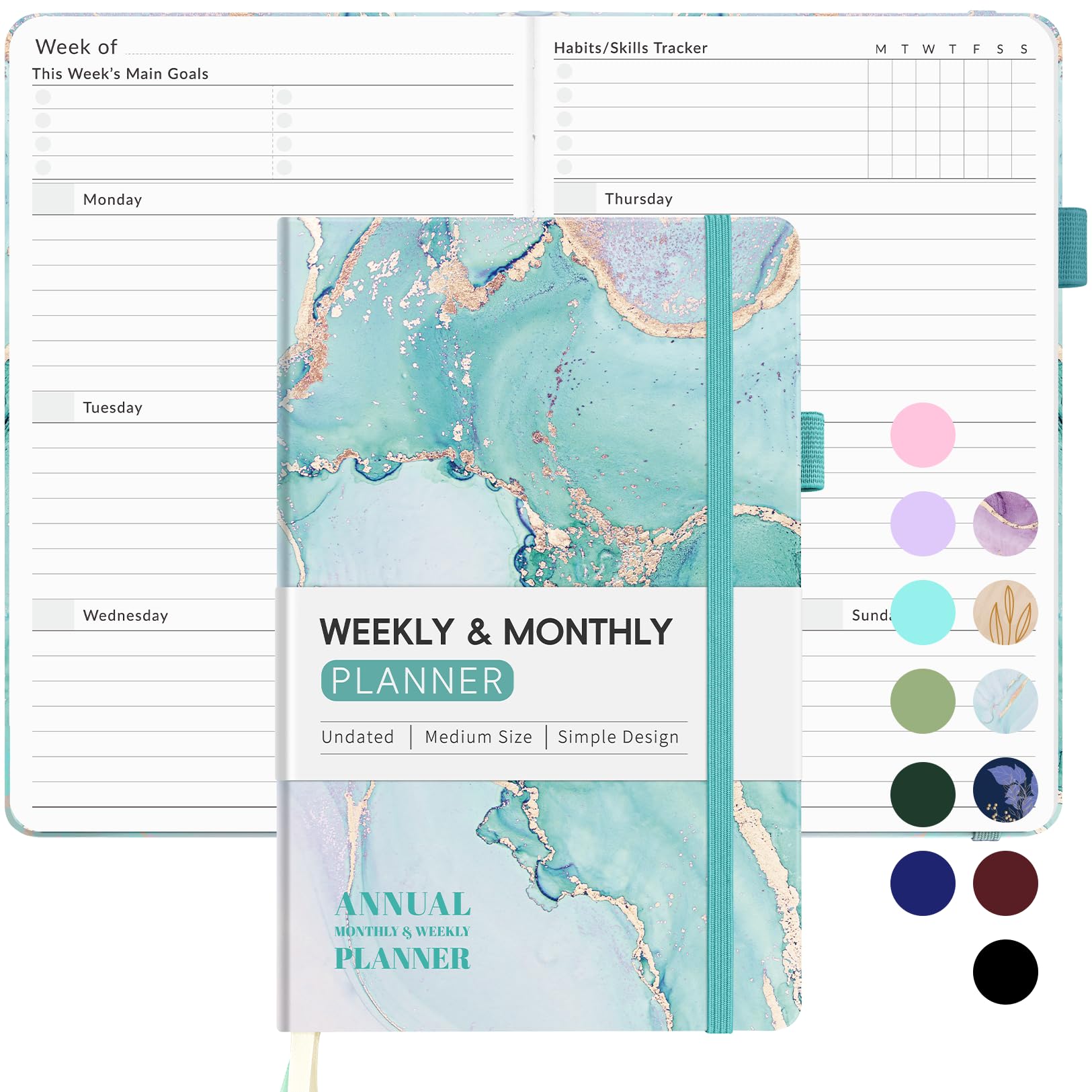 2025 Undated Weekly Planner - Simplified Weekly & Monthly Calendar Organizer, Cute Daily Notebook for Goal Tracking & Task Management, A5 Size Teal Marble Design | Perfect for Students, Professionals & Productivity Enthusiasts