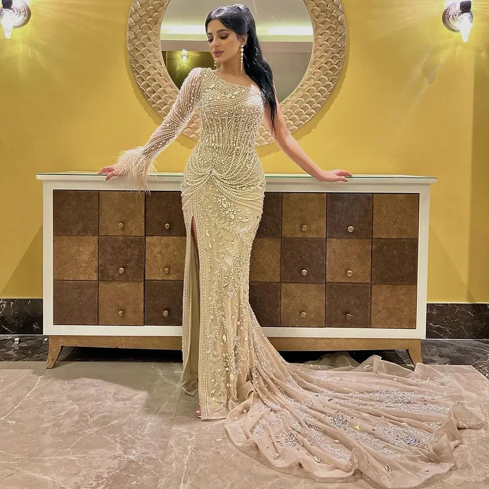 Luxury One Shoulder Beaded Feather Mermaid Evening Dress for Women - Elegant Dubai Nude Gown with High Slit, Perfect for Parties, Prom, and Formal Events - LA72353