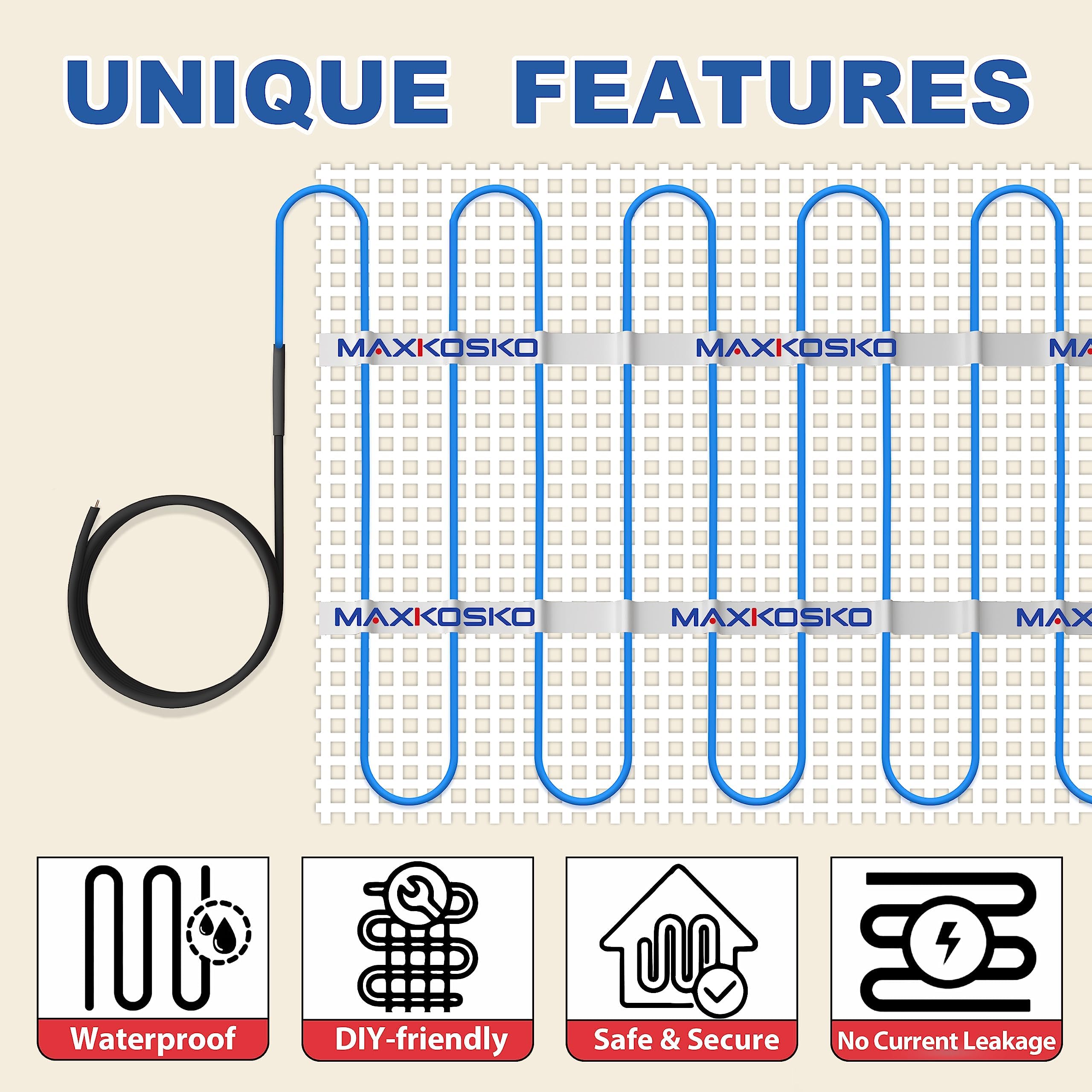MAXKOSKO 60sq.ft. Electric Floor Heating Mat Kit - 120V Underfloor Radiant Heating System for Tile, Stone & Laminate Floors - Indoor Use with Alarm Cable Monitor - Perfect for Bathrooms, Kitchens & Basements