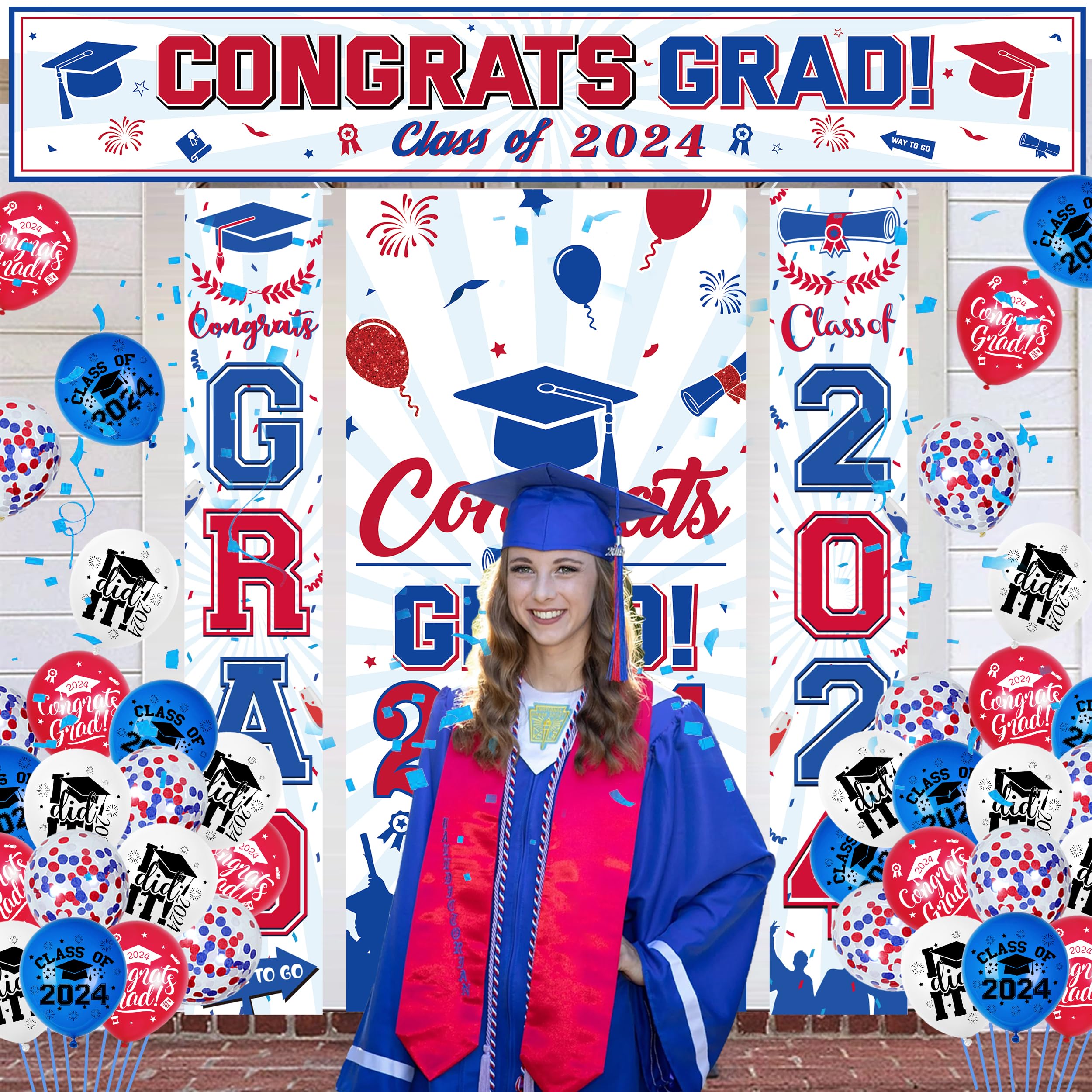 2024 Graduation Decorations - Red, White & Blue Graduation Banner for High School & College Parties | Class of 2024 Party Supplies | Perfect for Graduation Ceremonies, Photo Backdrops & Celebration Decor