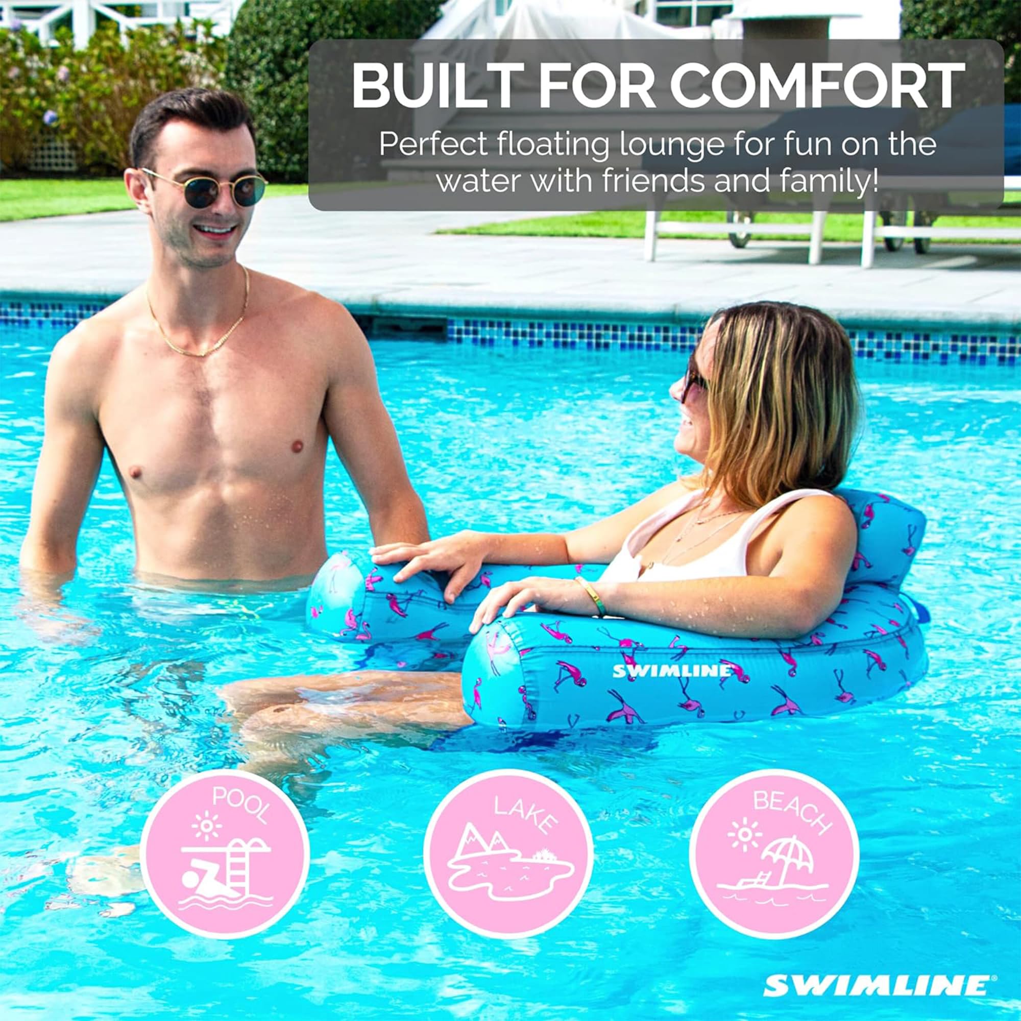SWIMLINE ORIGINAL Fabric Covered U-Seat Inflatable Pool Lounger Flamingo Pattern | Comfortable Sling Seat with Backrest & Built-In Cup Holder | Perfect for Pool Parties, Beach Vacations, Lake Relaxation, and Summer Fun