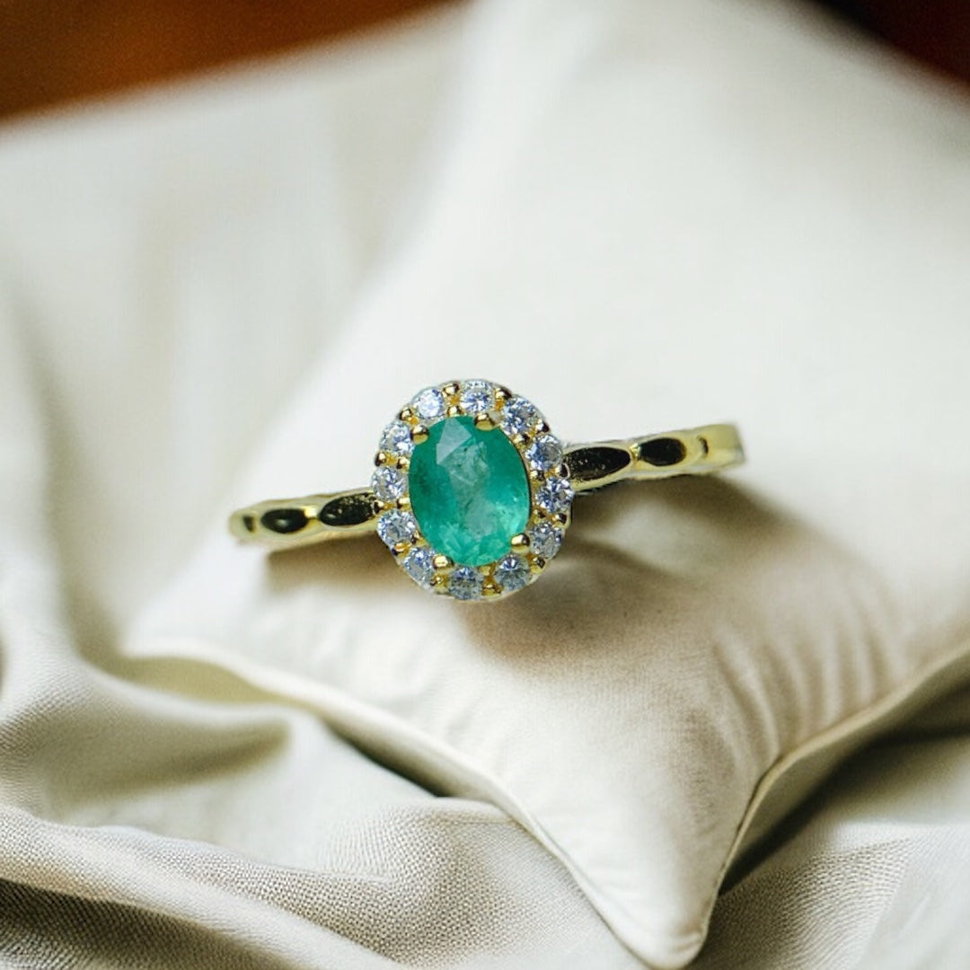 18K Gold Statement Emerald Halo Ring for Women | Elegant Vintage Engagement Wedding Ring | Perfect for Anniversary, Proposal & Special Occasions | NS2402