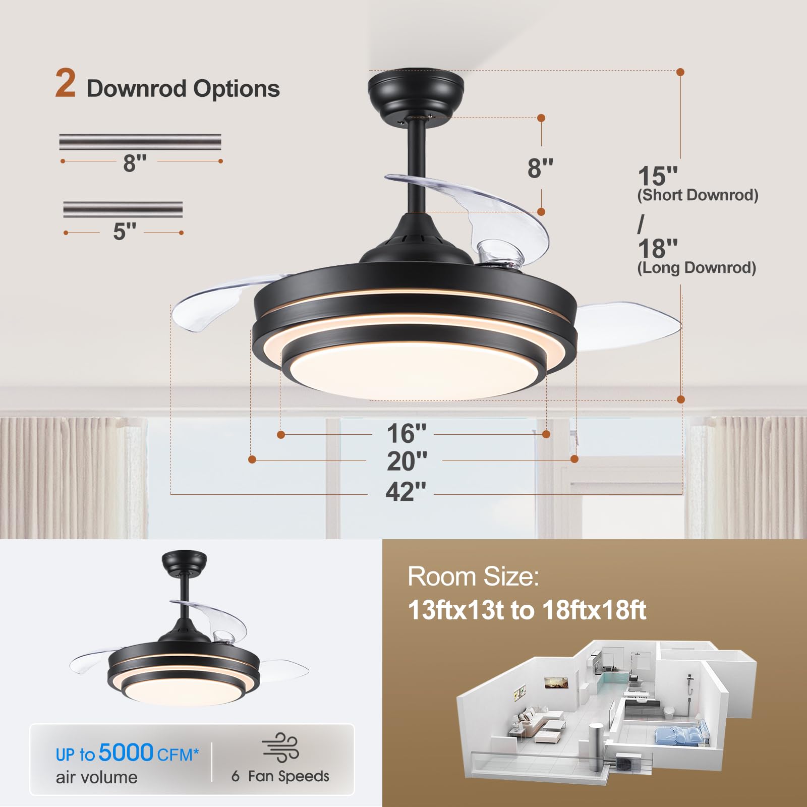 42 Inch Retractable Ceiling Fan with Lights & Remote Control - Quiet Dimmable Modern Black Fandelier, 3 CCT & 6 Speed Reversible - Perfect for Bedroom, Living Room, Office & Outdoor Spaces