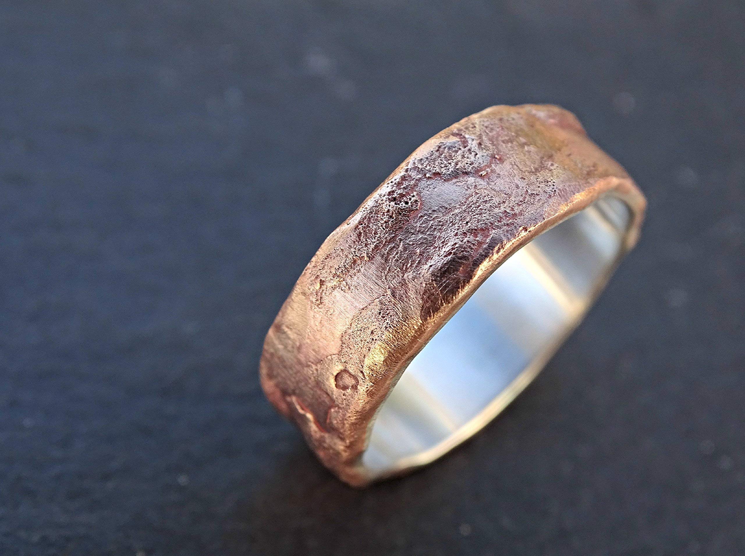 Stylish Bronze & Silver Men's Ring - Cool Wedding Band, Anniversary & Engagement Gift - Molten Structured Design with Wood Grain Texture - Perfect for Weddings, Anniversaries & Everyday Wear